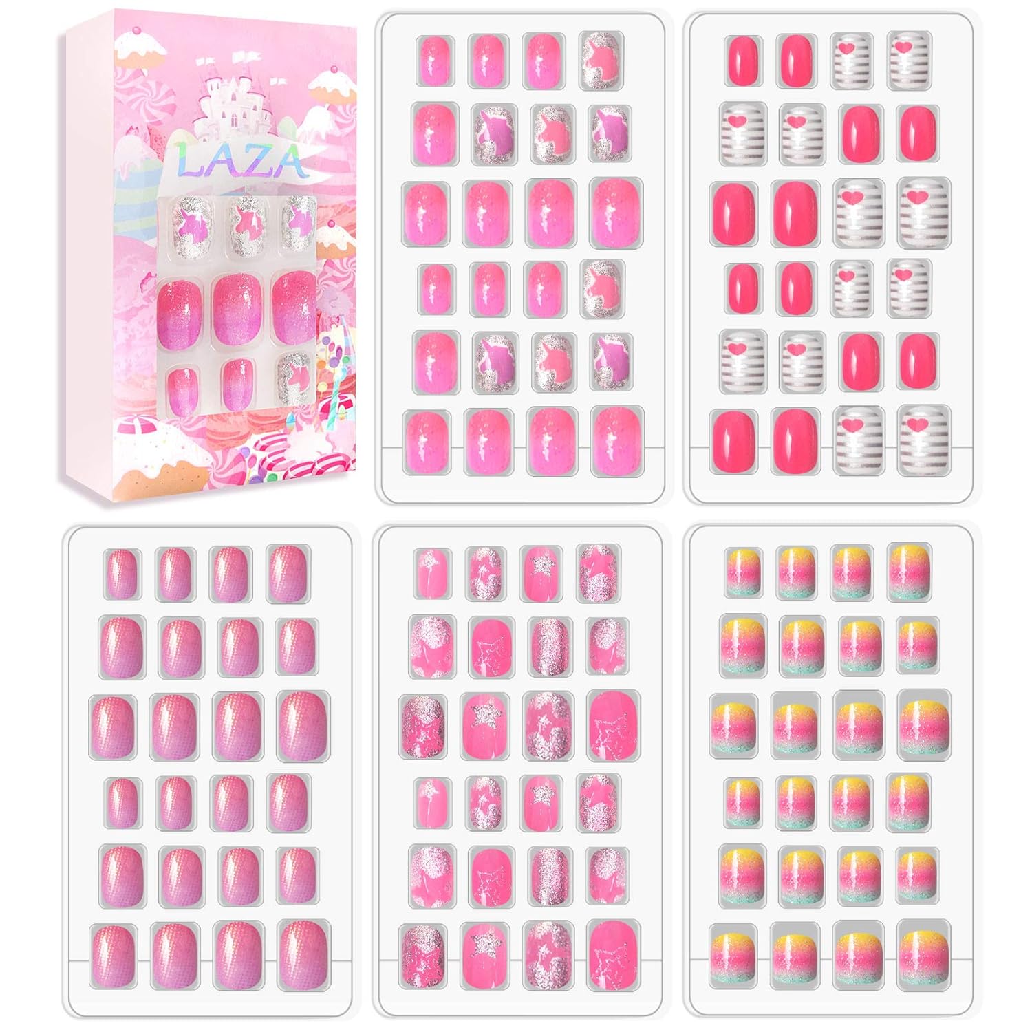 Buy now Laza 120pcs Children Nails Press On Pre-glue Full Cover Nail Tips Kit Glitter Gradient Color Rainbow Short Artificial False Nail Kits Lovely Christmas Gift for Children Kids Girls - Silver Pearl Pinky Lady at indiglob india