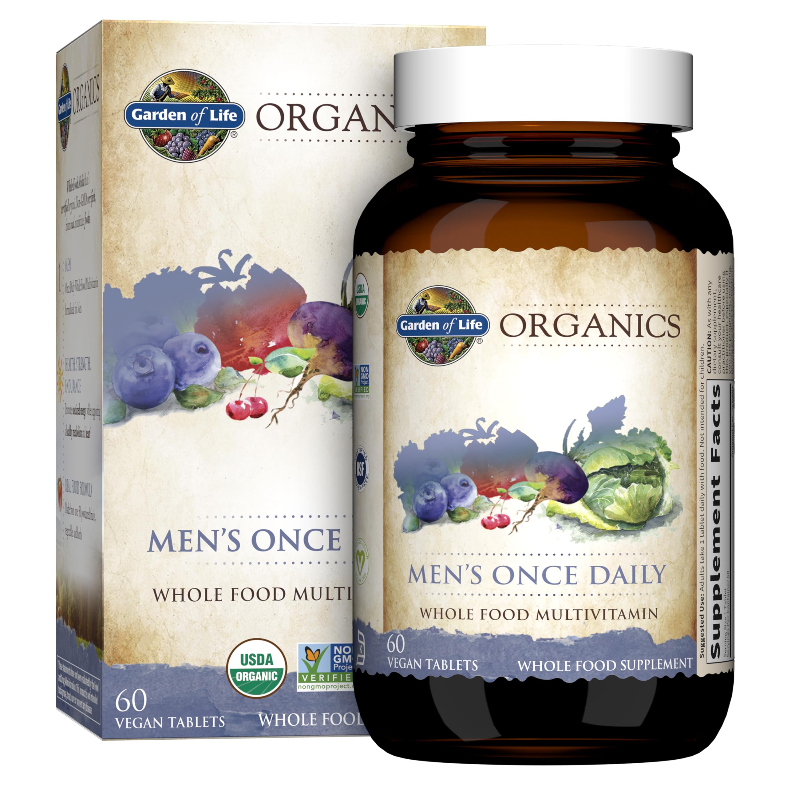 Garden of Life Once Daily Whole Food Multivitamin for Men, Organic Mens Vitamins & Minerals, Vitamin C, Zinc, Vegan, for Health & Well-Being, 60 Tablets | Organic Mens Vitamins & Minerals, Vitamin C, Zinc, Vegan, For Health & Well-Being, Whole Food