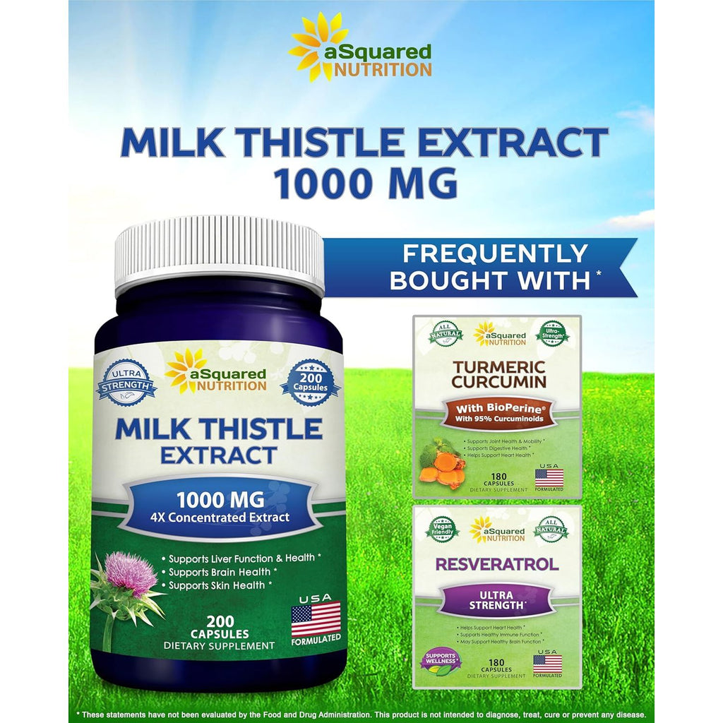 Buy now aSquared Nutrition Milk Thistle Supplement 1000mg-200 Capsules,Max Strength 4X Concentrated Extract 4:1 Milk Thistle Seed Powder Herb Pills, 1000 mg Silymarin Extract for Liver Support, Cleanse, Detox at indiglob india