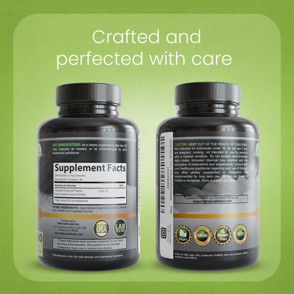 NaturaLife Labs Activated Charcoal 1200 mg per Serving – from Coconut Shells – 100 Veg Capsules – Non-GMO, Gluten-Free, Vegan