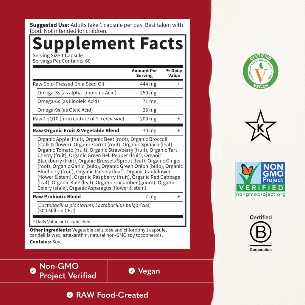 Garden of Life Raw CoQ10 200mg, with Omega 3 6 9 for Heart Health, 60ct | Vegetarian Omega 3 6 9 Supplement Raw Co Q 10 Chia Seed Oil, Whole Food Nutrition with Antioxidant Support, Coenzyme q10