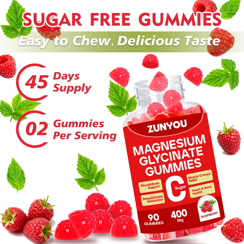 Magnesium Glycinate Gummies 400mg, Sugar Free Magnesium Gummies for Sleep, Muscle Support and Relaxation, Calm Magnesium Supplements for Women and Men, 90 Count