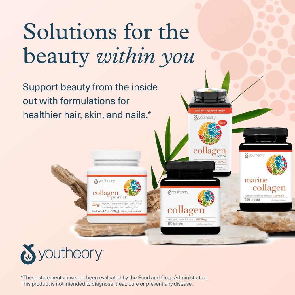 Youtheory Collagen + Biotin - Advanced Collagen Supplement - with Hydrolyzed Peptides, Vitamin C & Vitamin B - Supports Hair Growth, Nail Health & Anti-Aging* - 390 Tablets