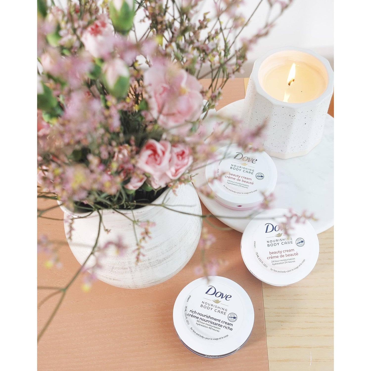 Dove Nourishing Body Care, Face, Hand, and Body Beauty Cream for Normal to Dry Skin Lotion for Women with 24-Hour Moisturization, 4-Pack, 2.53 Oz Each Jar