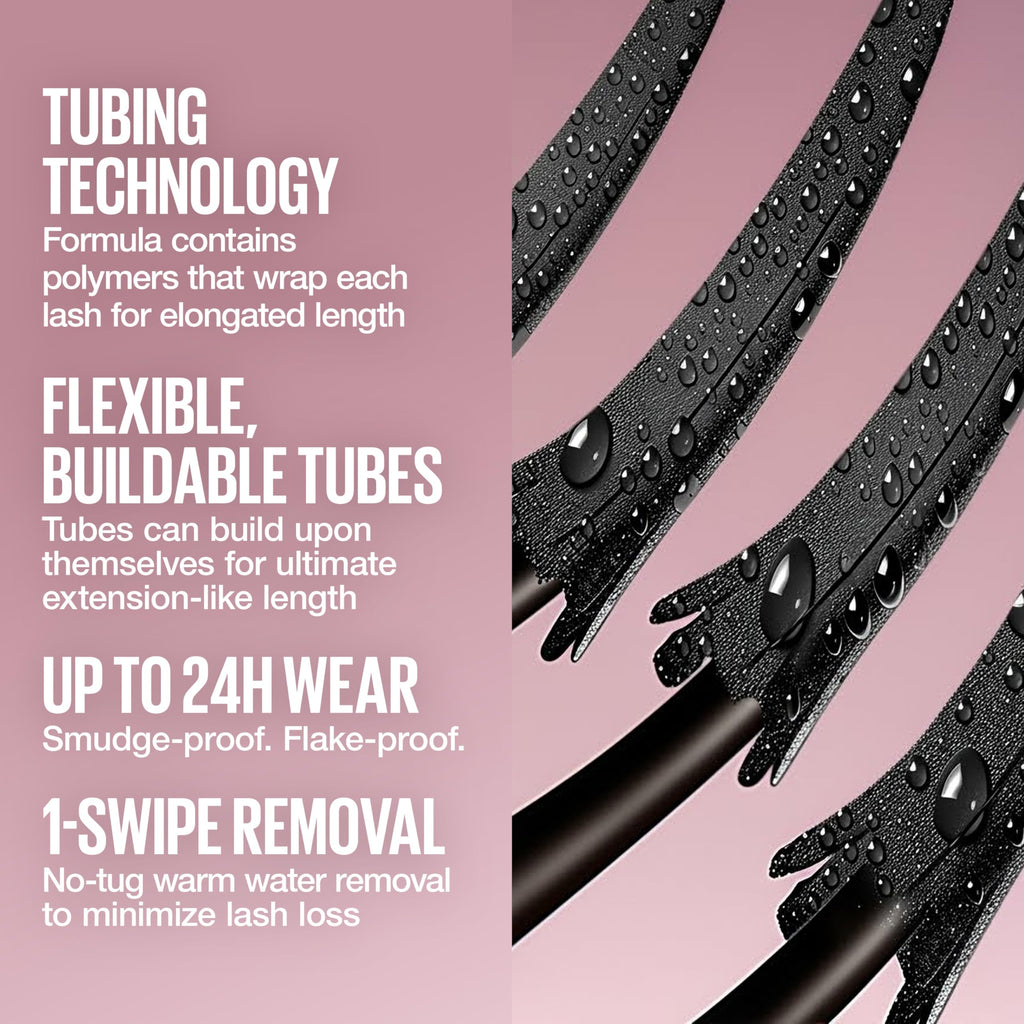 Maybelline Lash Sensational Sky Tubes Tubing Mascara, Extension-Like Lengthening Mascara, 24HR Eye Makeup with Shea Butter & Castor Oil, Very Black, 1 Count