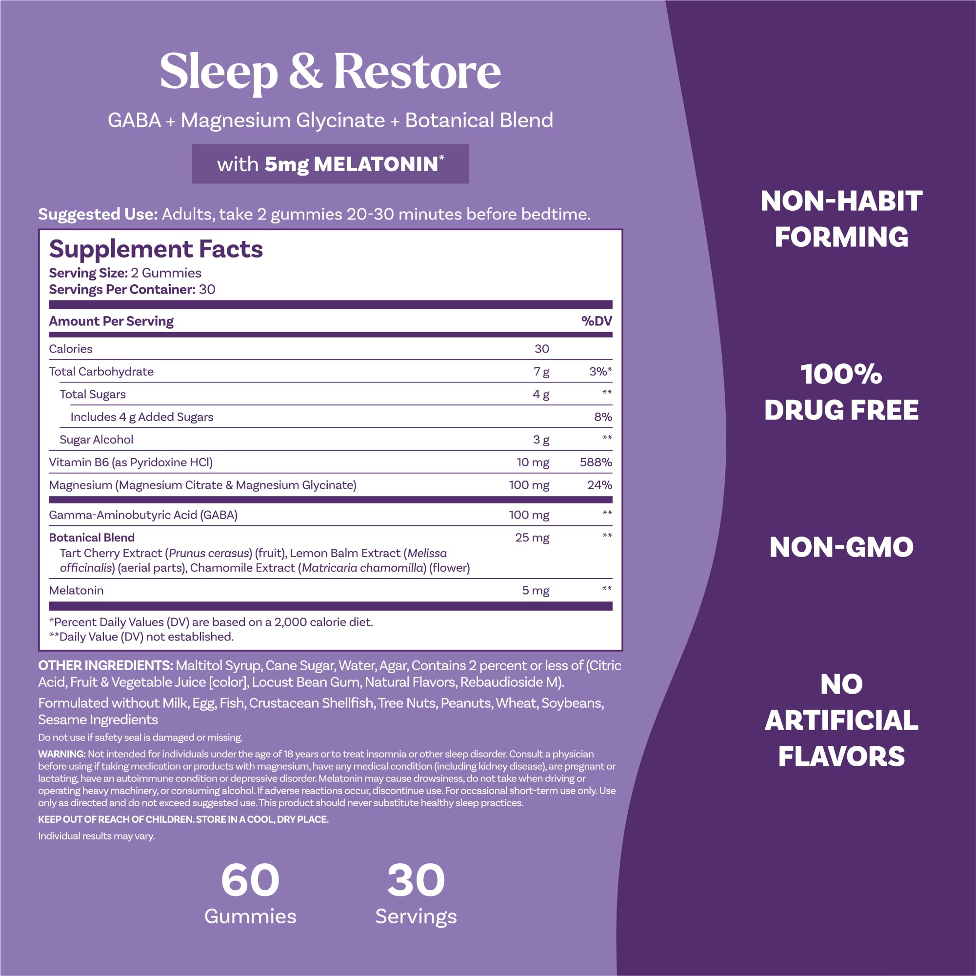 Natrol Sleep & Restore Magnesium Glycinate, GABA, 5mg Melatonin, 60 Gummies | Nighttime Sleep-Aid, Support Relaxation, Calm Magnesium Glycinate, with GABA, Botanical Blend, 100% Drug-Free, Cherry Flavor
