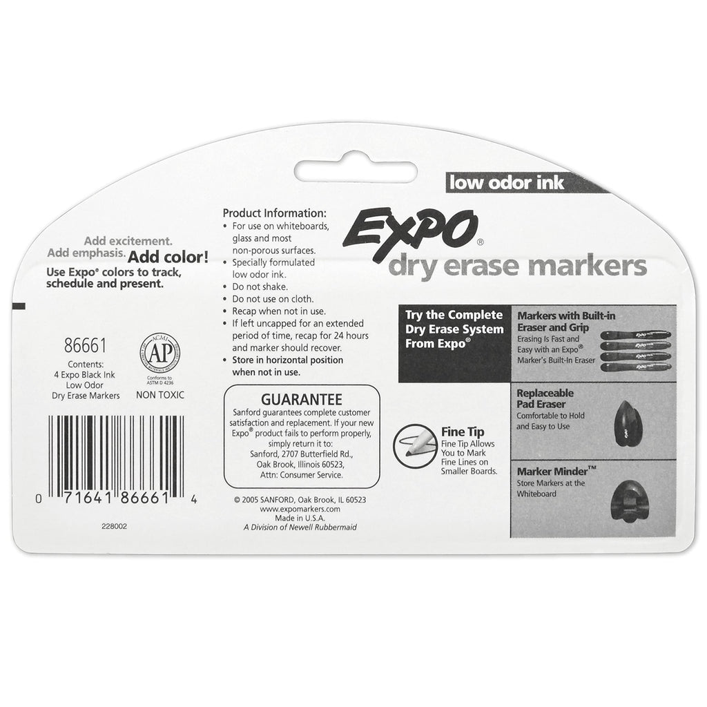 EXPO Low Odor Dry Erase Markers, Fine Tip, Black, 4 Count - Home Organization, Study Supplies