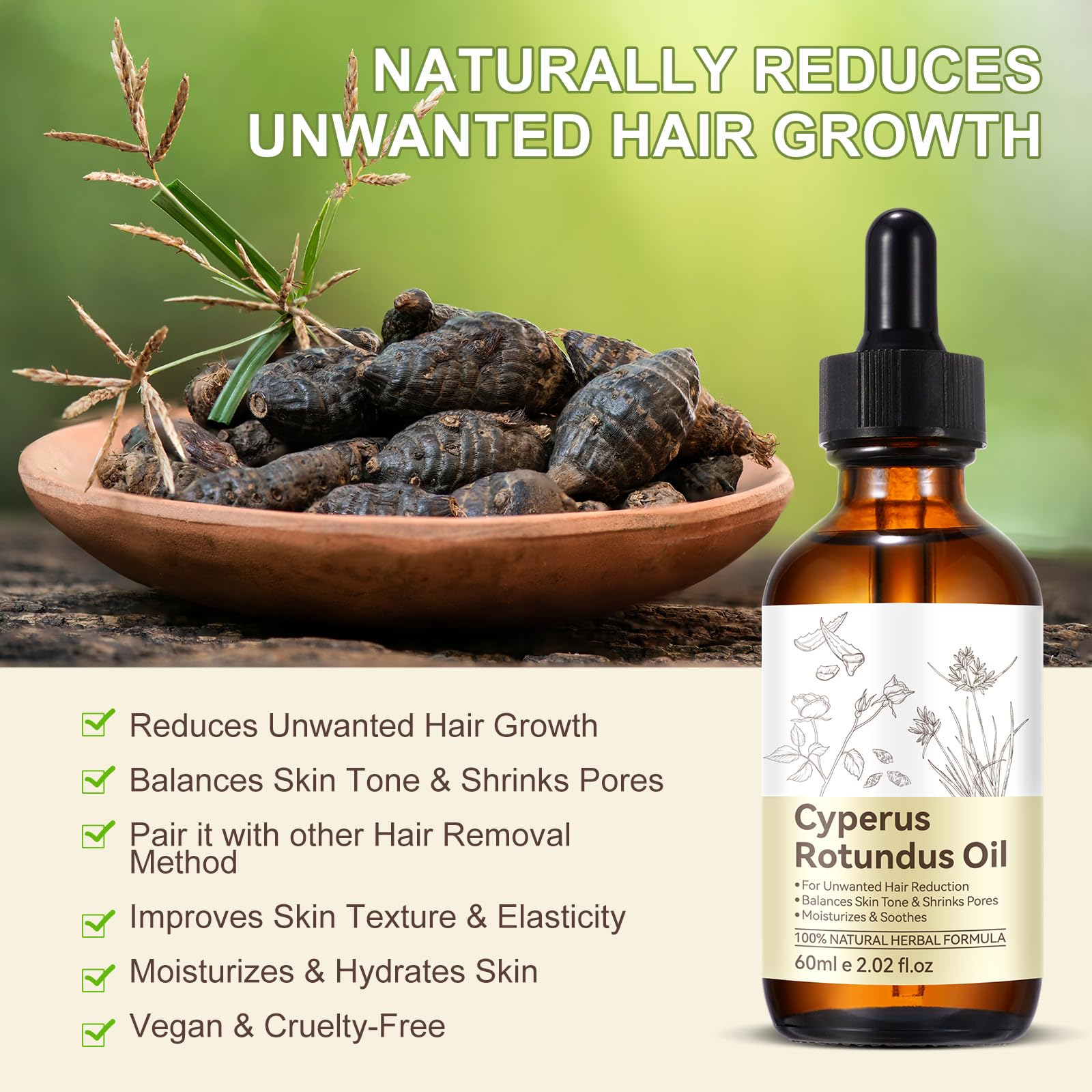 2 Pack Cyperus Rotundus Oil, Natural for Reducing Body Hair Growth, Cyperus Rotundus Oil for Hair Removal, Reduces Unwanted Hair Growth, Reducing Body Hair Growth, Shrink Pores
