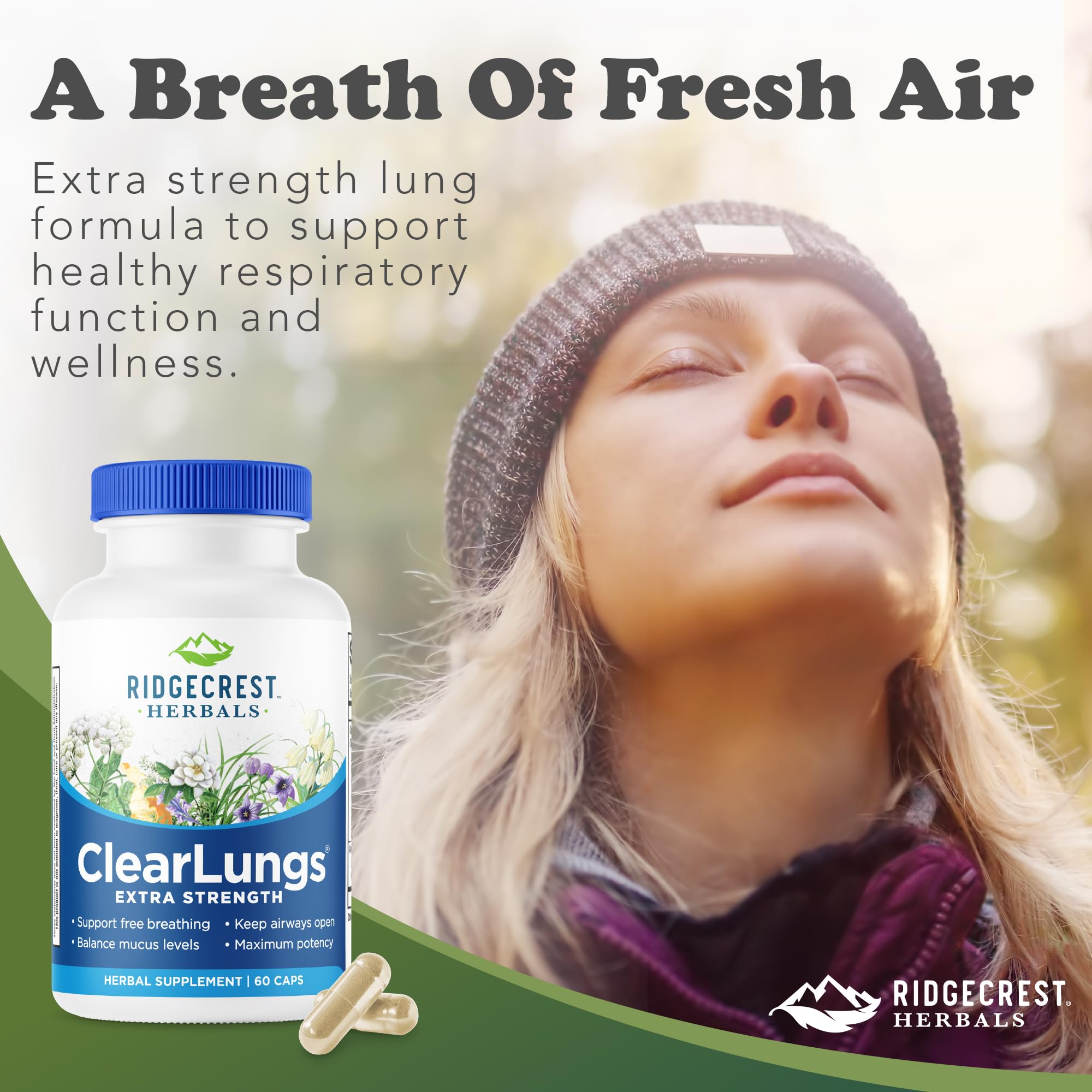 RidgeCrest Herbals ClearLungs Extra Strength Lung Health Support 60 Ct | 30 Servings, 13 Unique Herbs, Natural Nasal Support, Respiratory Comfort, 50% more than Classic with Availablend