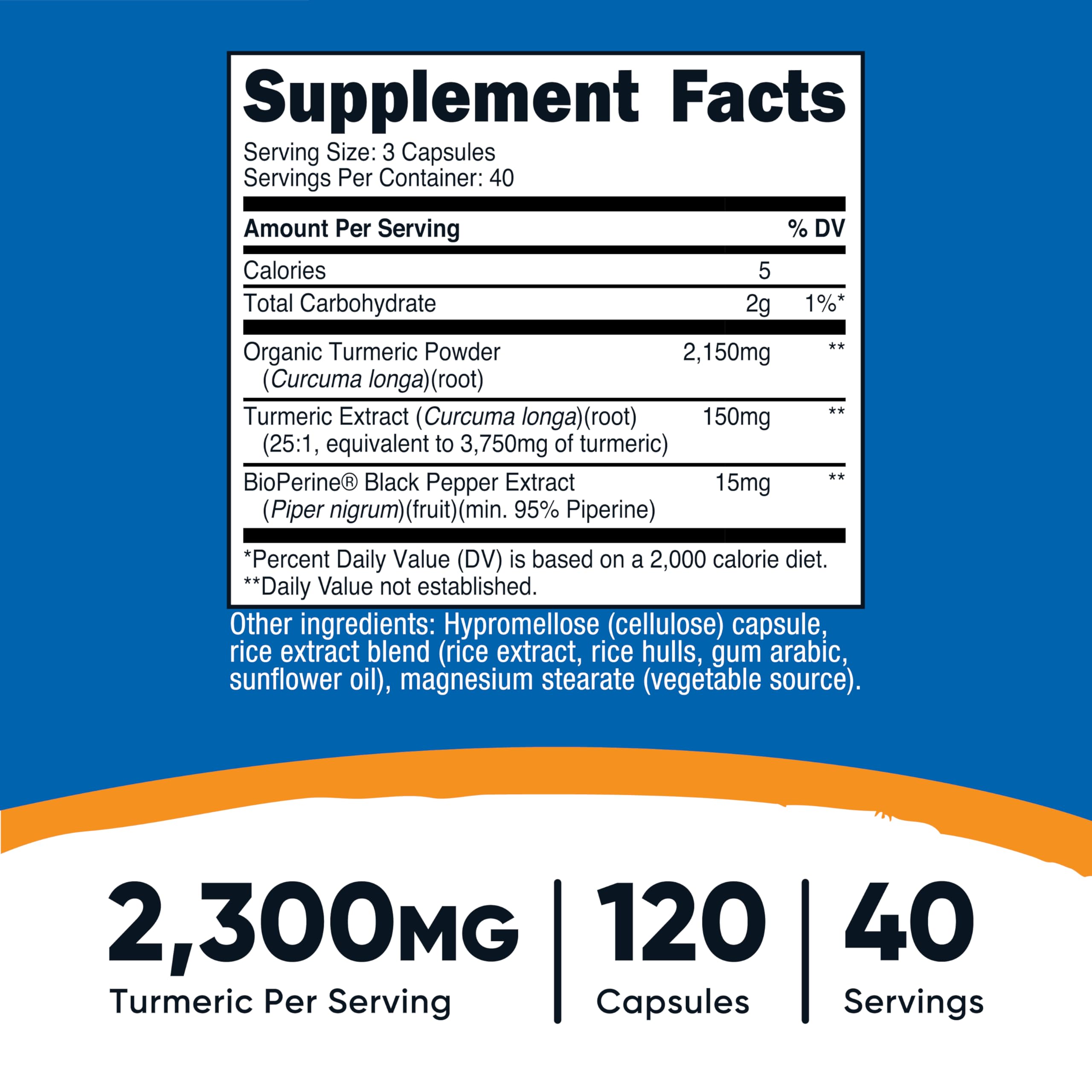 Nutricost Turmeric Curcumin with BioPerine, 2300mg, 120 Capsules, GMO-Free | 95% Curcuminoids, Veggie Capsules, 767mg Per Cap, Gluten Free