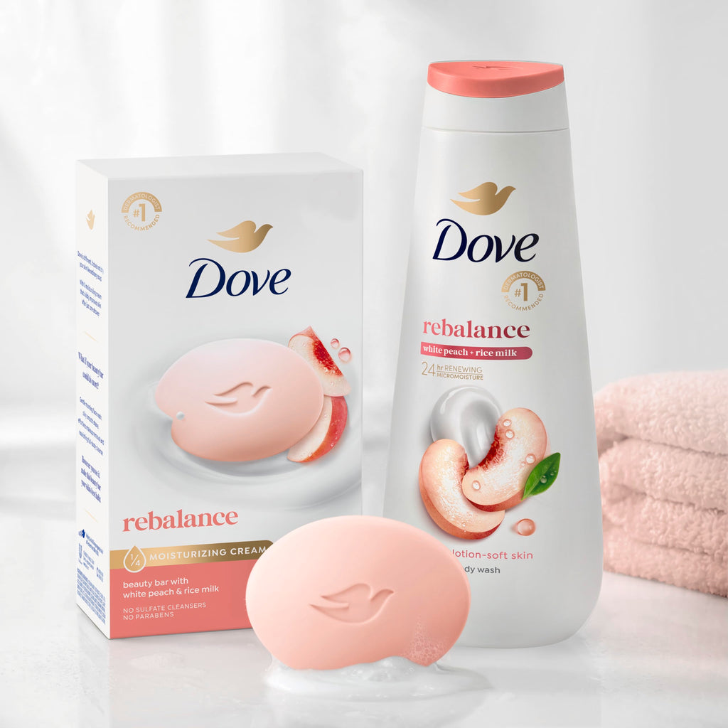 Dove Rebalancing Beauty Bar Soap 6 Count, White Peach & Rice Milk, 3.75 oz | Plant-based beauty bar with white peach and rice milk for soft, moisturized skin