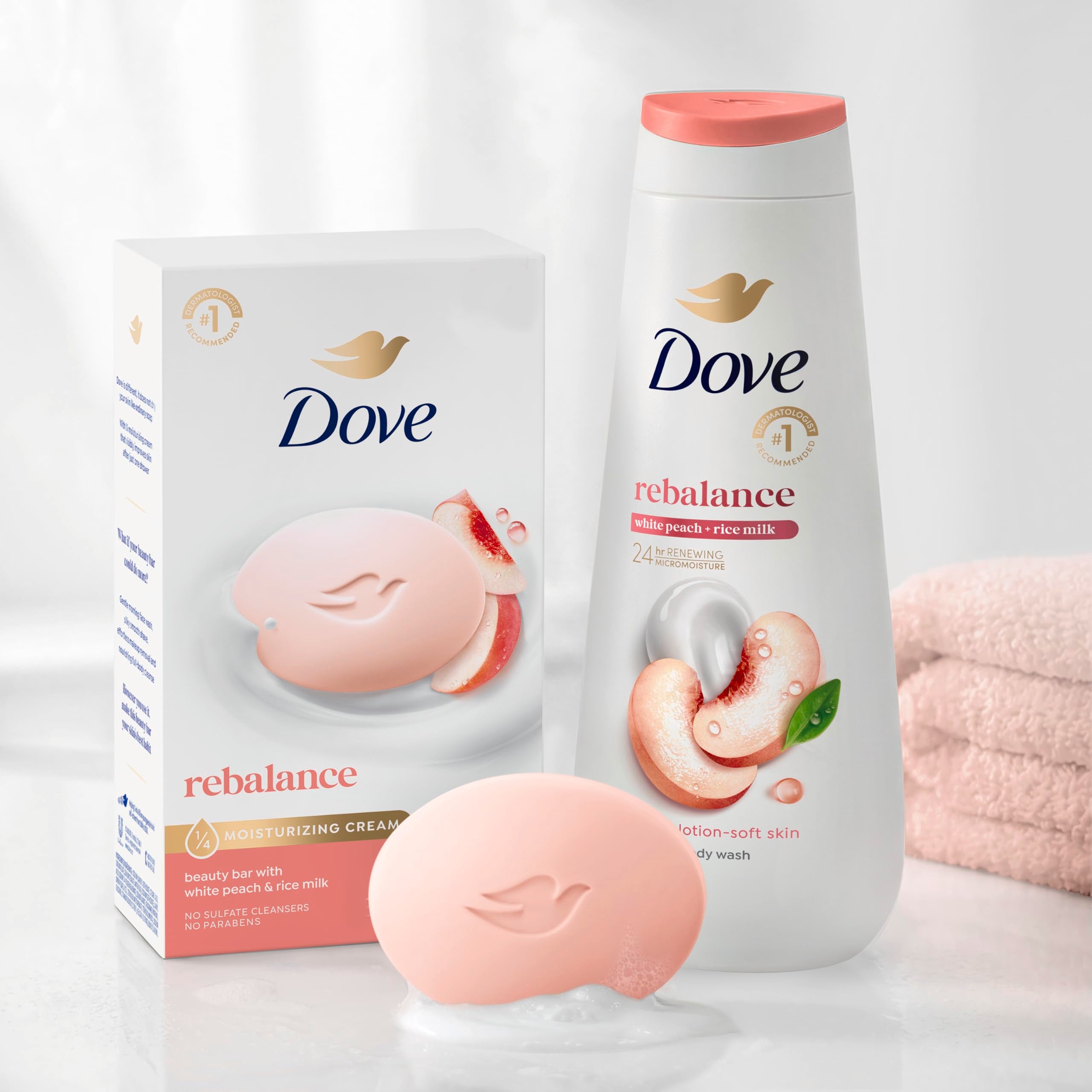 Dove Rebalancing Beauty Bar Soap 6 Count, White Peach & Rice Milk, 3.75 oz | Plant-based beauty bar with white peach and rice milk for soft, moisturized skin