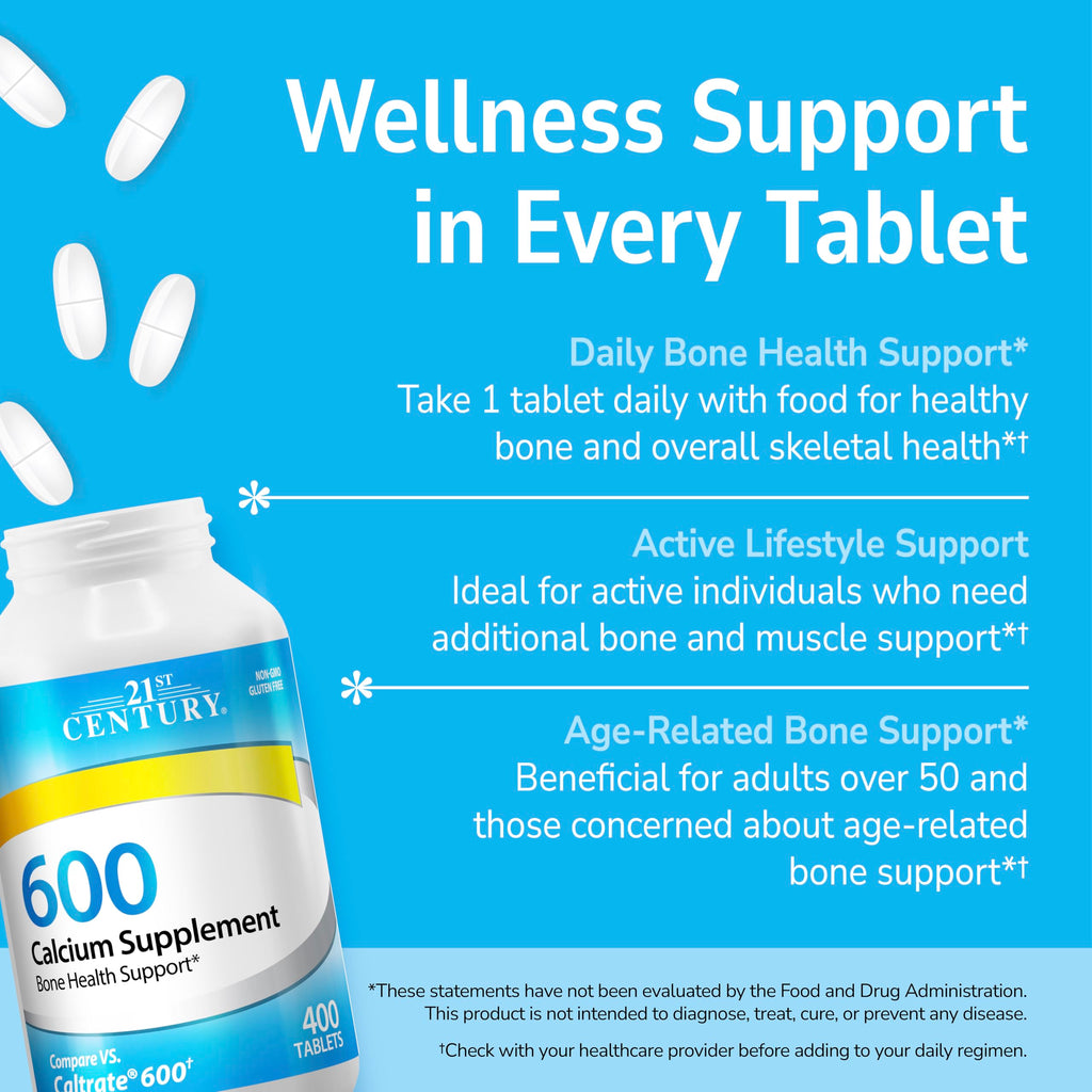 21st Century Calcium 600mg Tablets, Bone Strength Support, 400 Count | Calcium Carbonate, Compare VS. Caltrate® 600, Bone Strength & Density Support, Vegan-Friendly, For Men & Women