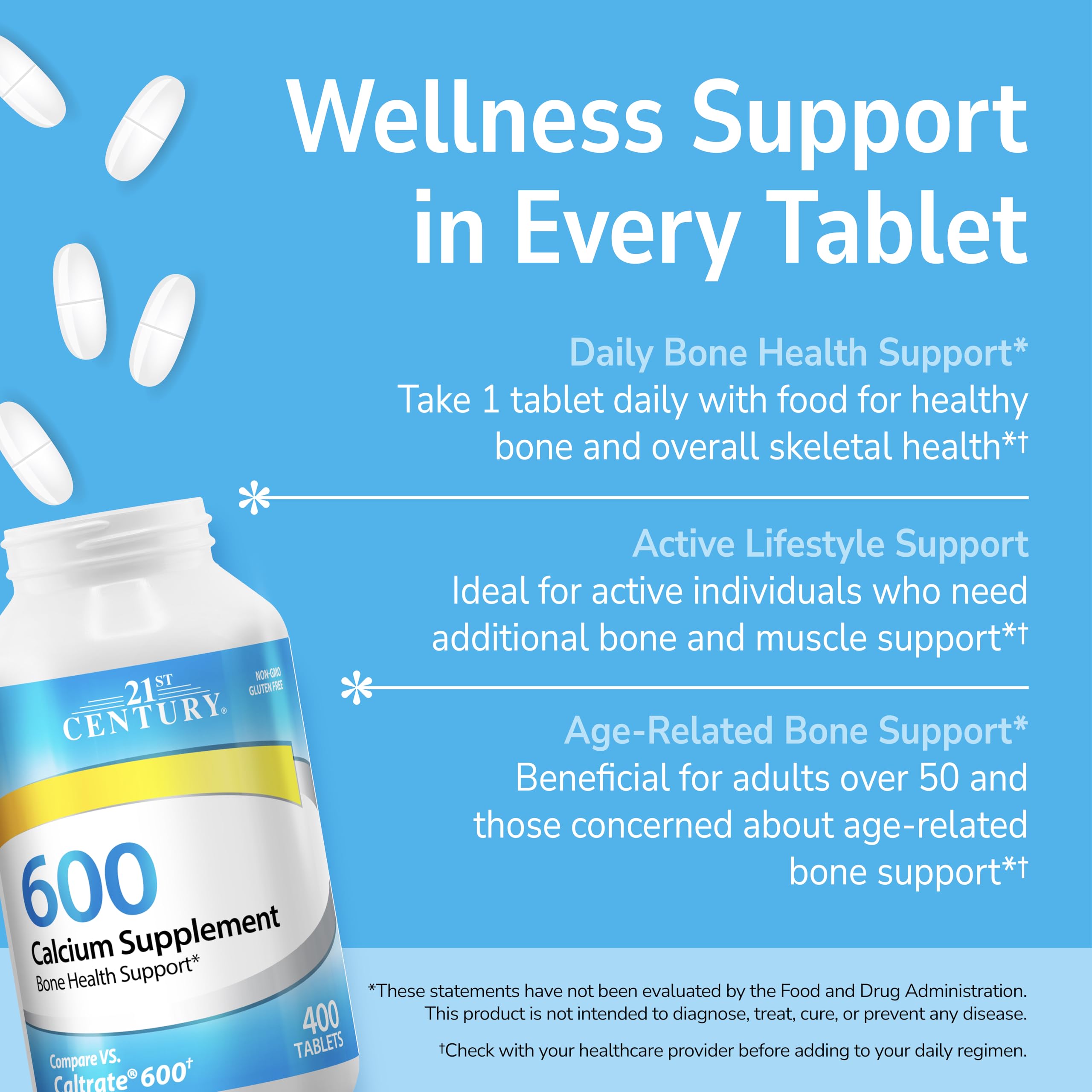21st Century Calcium 600mg Tablets, Bone Strength Support, 400 Count | Calcium Carbonate, Compare VS. Caltrate® 600, Bone Strength & Density Support, Vegan-Friendly, For Men & Women