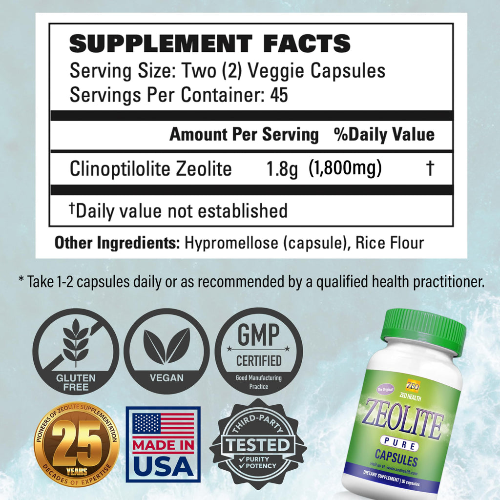 Zeolite Pure Capsules | Zeolite Detox, Extra Strength | Pure, Full Body Cleanse for Women, Men | Activated Organic, Food Grade Clinoptilolite Powder 94%, 90 Caps (81 Grams), 6 Wk to 3 Mo Supply