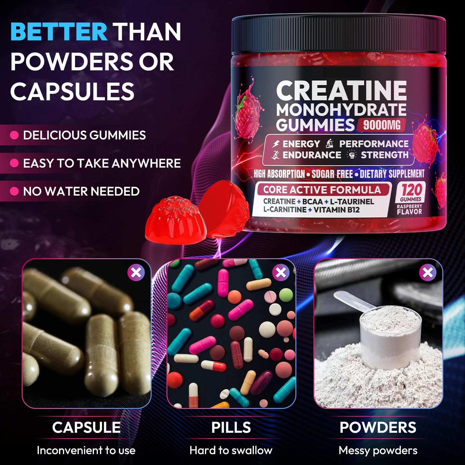 Creatine Monohydrate Gummies 5000MG, Creatine Gummy for Men & Women 120Ct | Pre-Workout for Adults, Creatine Gummy with L-Taurine, BCAA 2:1, B12/6 for Muscle Support, Enhance Strength, Energy Boost