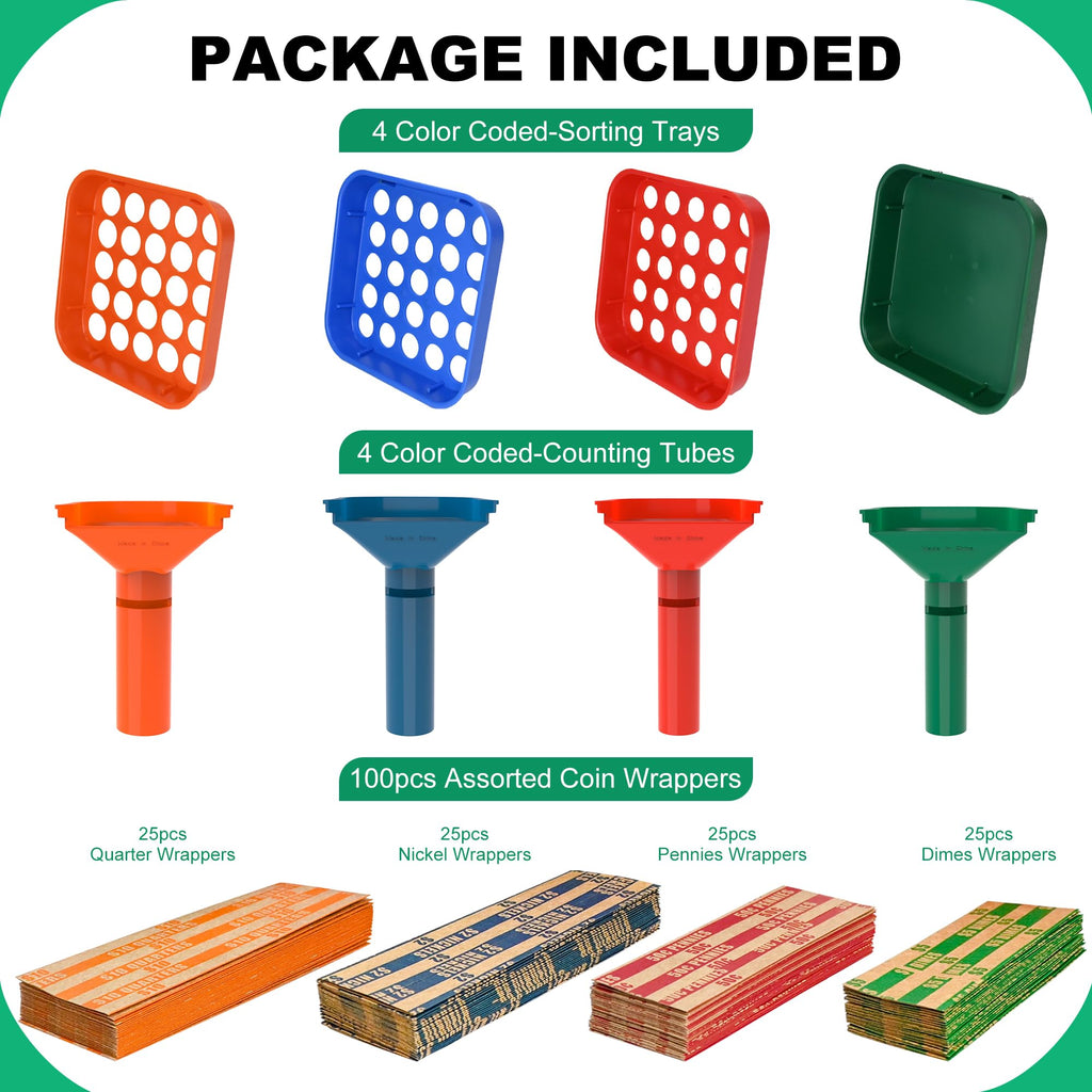 LLIKED Coin Sorter Tray & Tube Set - 4 Trays + 4 Tubes + 100 Wrappers