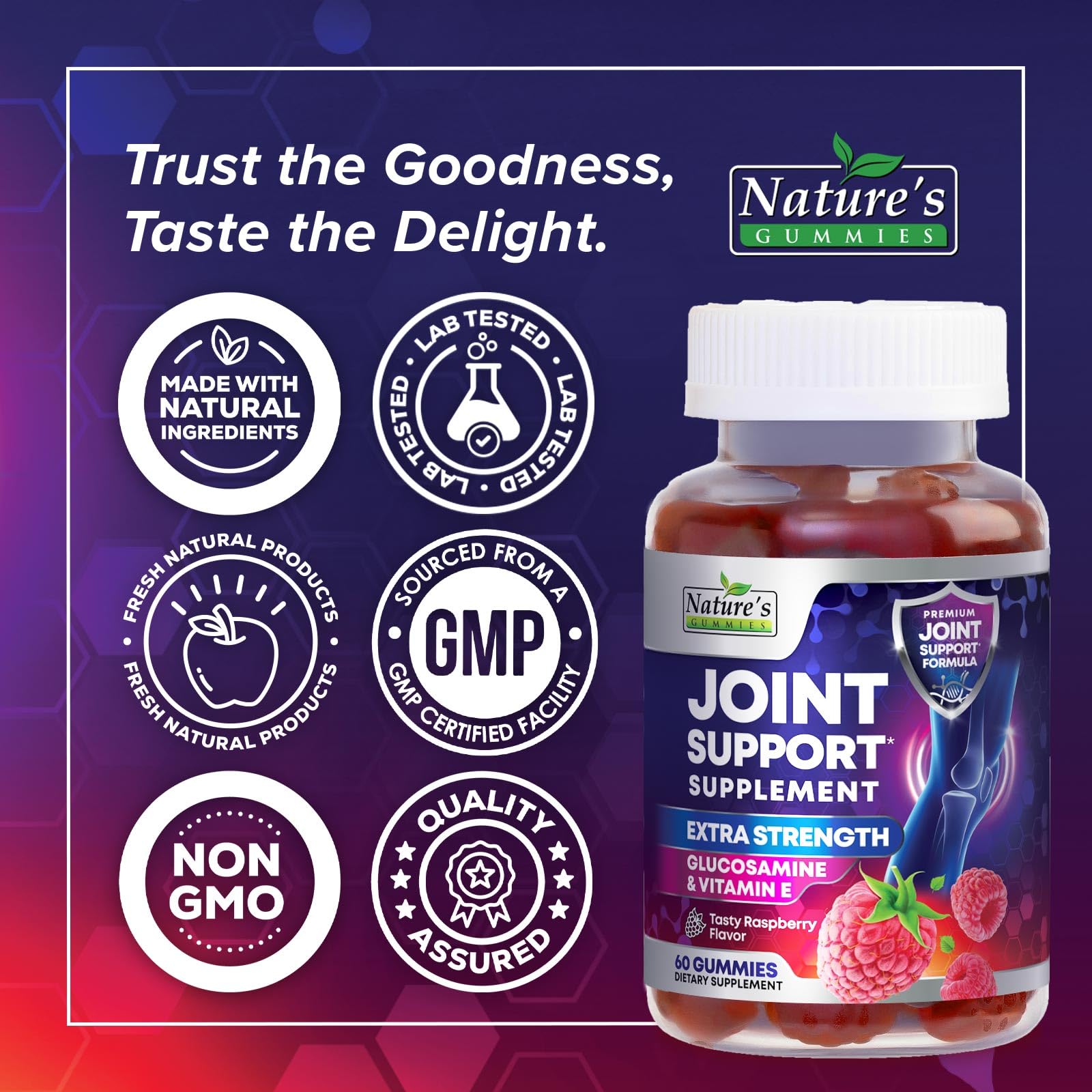 Joint Support Supplement - Extra Strength Glucosamine Gummy Supports Joints Health & Flexibility for Back, Knees, Hands - Natural Vitamin E Immune Support - Best Gummies for Women & Men - 60 Gummies