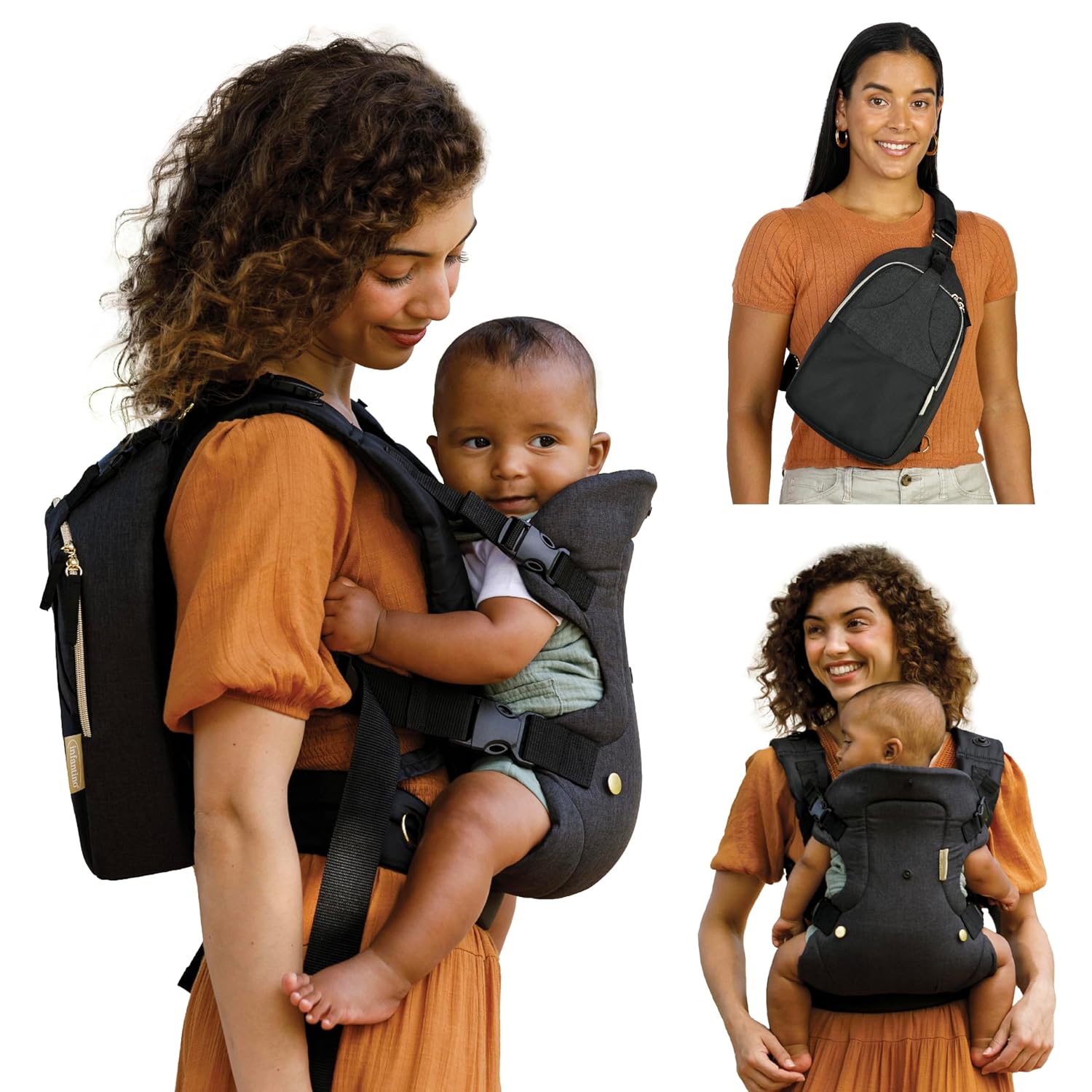 Buy now Infantino Flip 4-in-1 Convertible Baby Carrier, Adjustable, Ergonomic Babywearing, Registry Essential, Baby Carrier for Newborn to Toddler, Gray Black Gold w Crossbody Diaper Bag at indiglob india