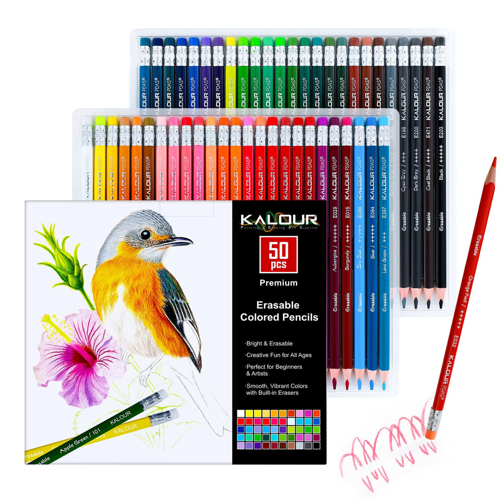 KALOUR 50 Colors Erasable Colored Pencils Set - Easy to Erase, Vibrant and Smooth Coloring Pencils with Erasers - Ideal for Drawing, Sketching, and Coloring Books -Perfect for Adults Beginners Artists
