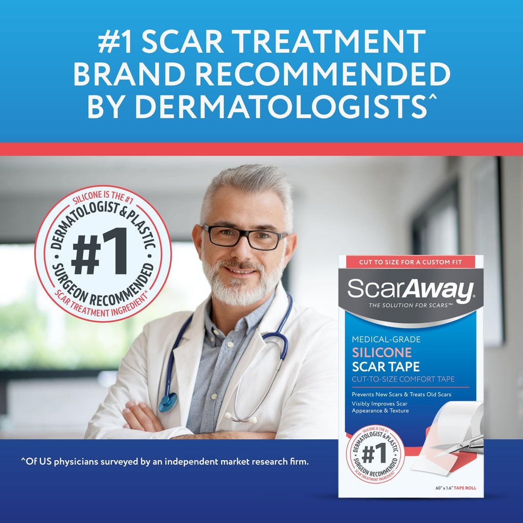 ScarAway Clear Silicone Scar Tape, Medical-Grade Cut-to-Size Silicone Strip for Surgery, Burn, Hypertrophic & Keloid Scars, Self-Adhesive, Water-Resistant, 60” x 1.6” Tape Roll