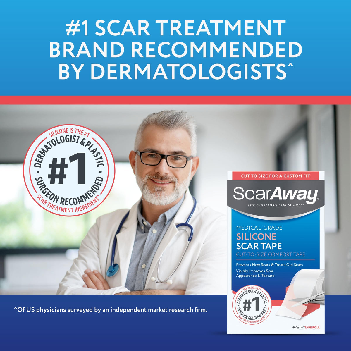 ScarAway Clear Silicone Scar Tape, Medical-Grade Cut-to-Size Silicone Strip for Surgery, Burn, Hypertrophic & Keloid Scars, Self-Adhesive, Water-Resistant, 60” x 1.6” Tape Roll