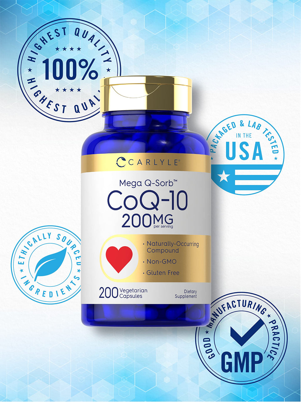 Carlyle CoQ10 200mg | 200 Capsules | Mega Q-Sorb Coenzyme Q-10