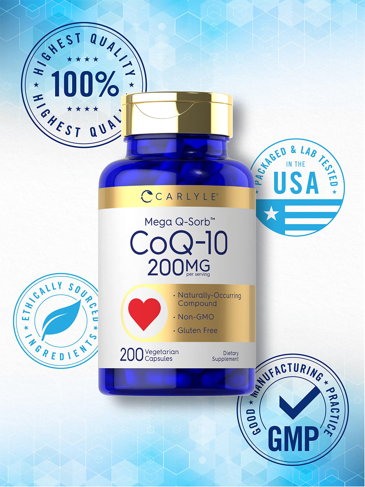Carlyle CoQ10 200mg | 200 Capsules | Mega Q-Sorb Coenzyme Q-10
