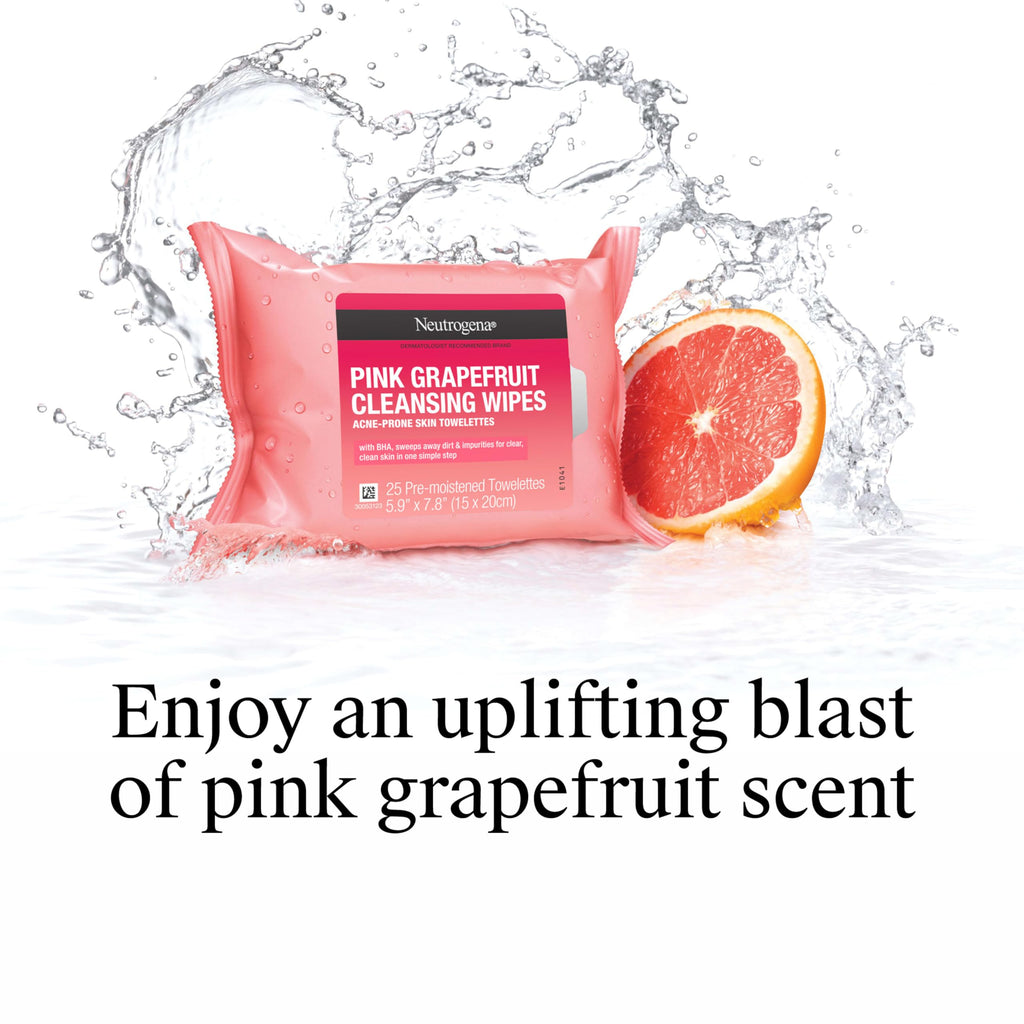 Neutrogena Makeup Remover Towelettes, Pink Grapefruit, 2 x 25 ct | Disposable Acne Face Towelettes to Remove Dirt, Oil, and Makeup for Acne Prone Skin