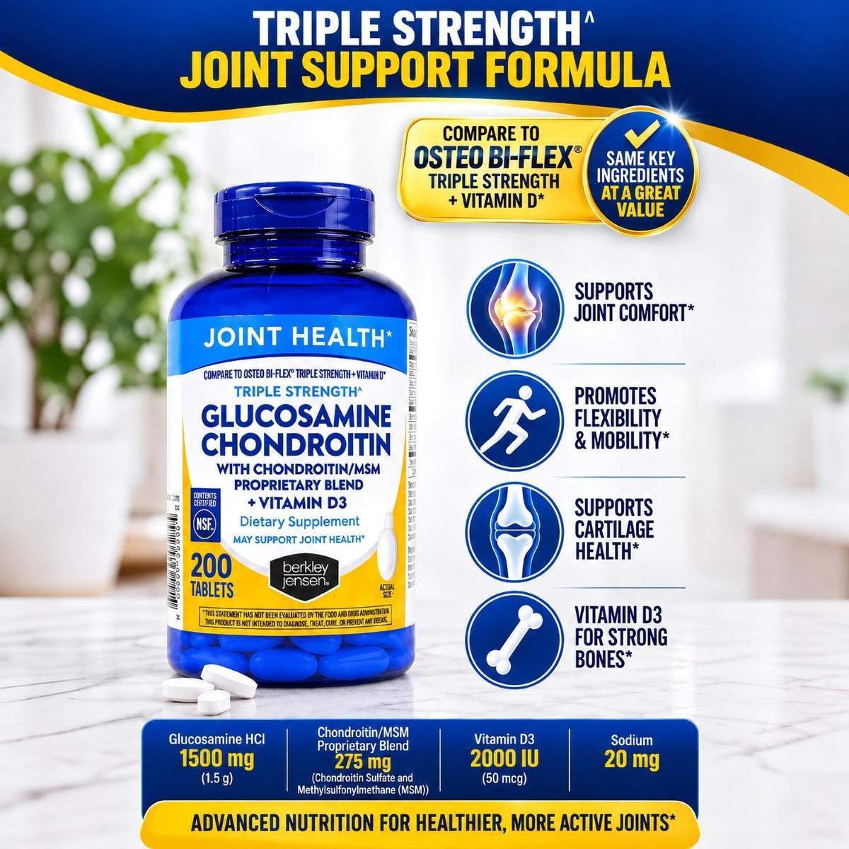 Berkley Jensen Glucosamine Chondroitin Triple Strength Complex with MSM and D3 Joint Supplement Tablets for Joint Support and Cartilages, NSF Certified, 200 Count (Pack of 1)