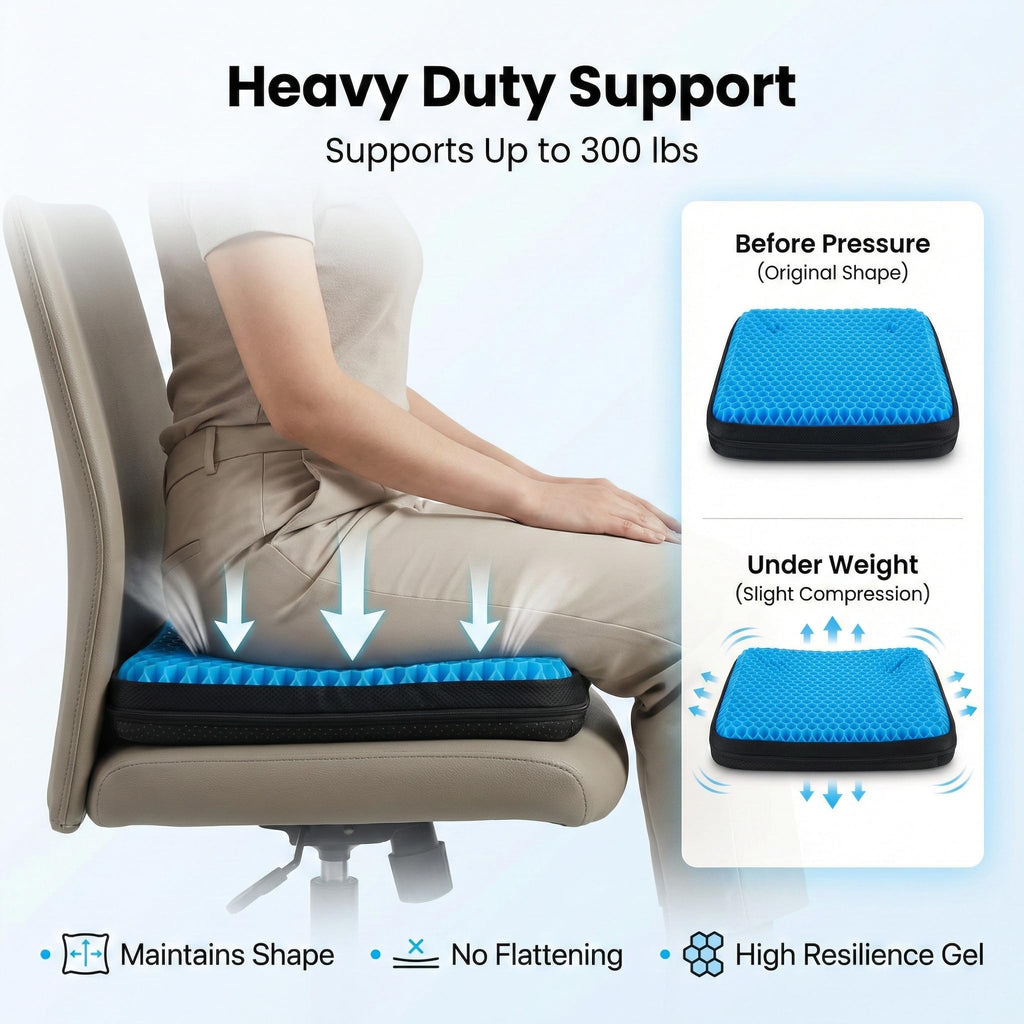 Extra Thick Large Pure Gel Seat Cushion for Long Sitting, Breathable Comfort Cushion for Back, Sciatica, Tailbone & Hip Pain Relief, Washable Portable Cushion for Office Chair, Car, Wheelchair