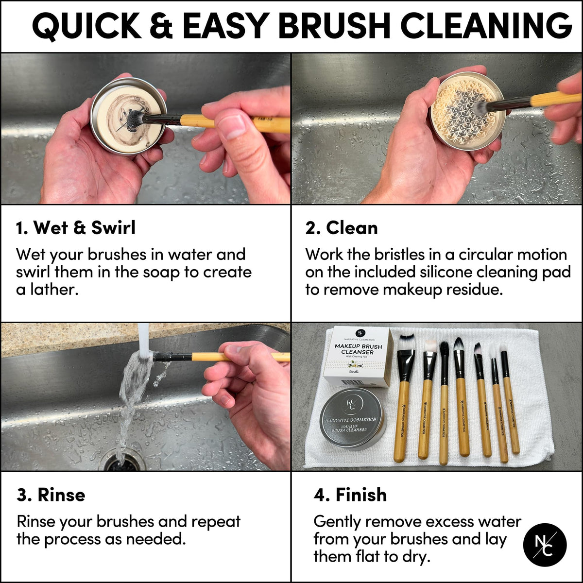 Narrative Cosmetics Makeup Brush Cleaner Soap with Silicone Scrubber Pad | Solid Cleanser for Brushes & Beauty Blenders | Vegan, Cruelty-Free, Avocado Jojoba Argan Oil, Vanilla Scent, 2.45 Oz