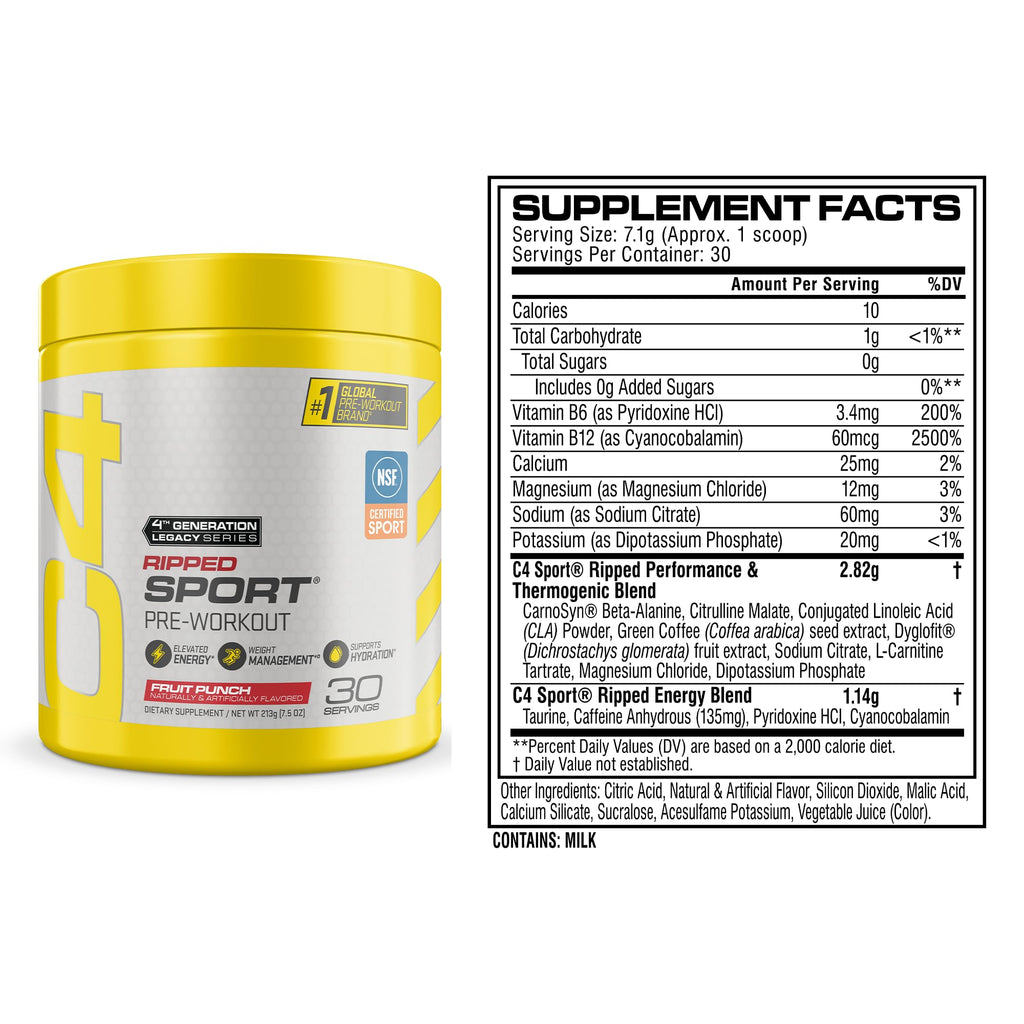 C4 Ripped Sport Pre Workout Powder, 135mg Caffeine, 30 Servings | Fruit punch flavor with 135mg caffeine, CLA, DygloFit & L-carnitine for energy, endurance and metabolism support.