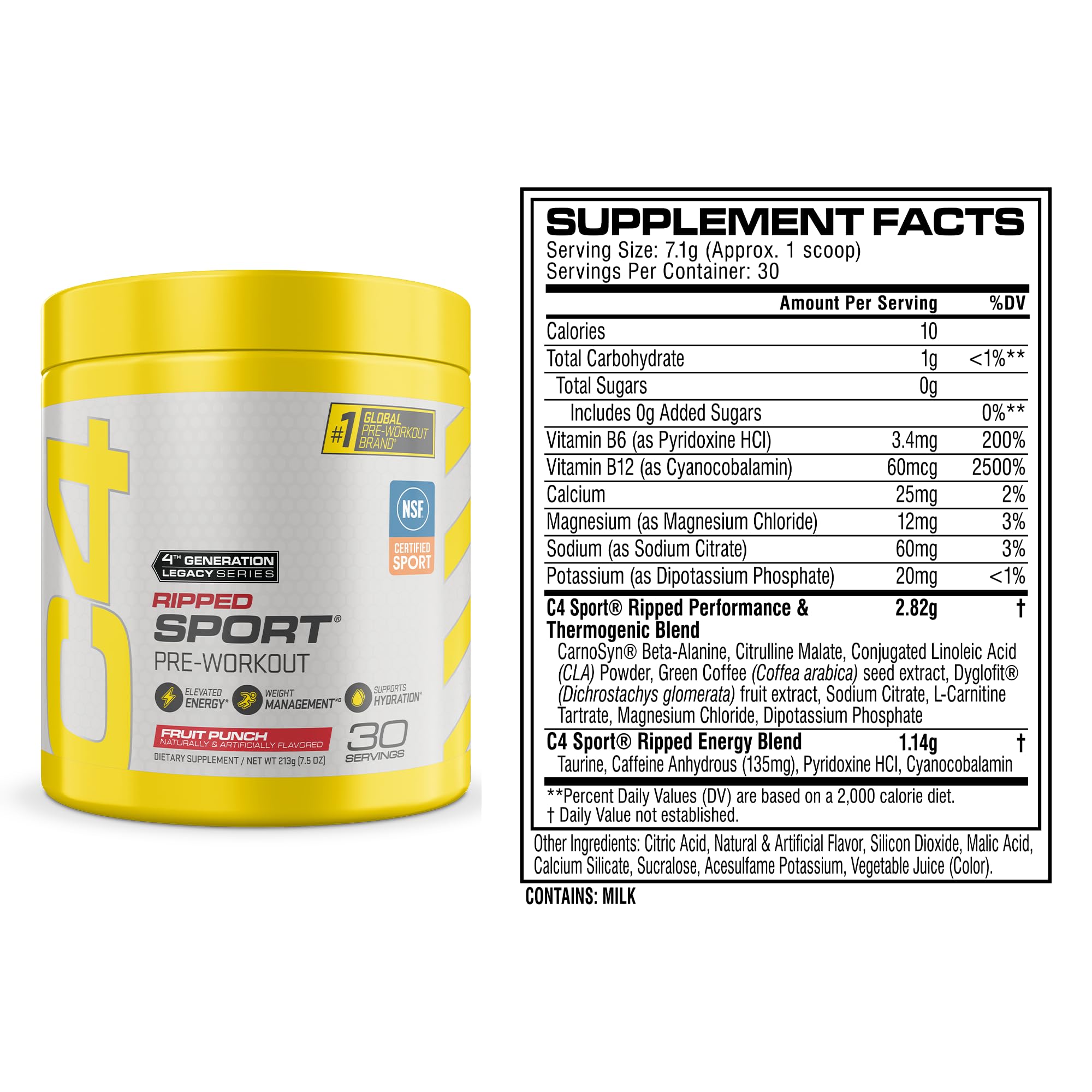 C4 Ripped Sport Pre Workout Powder, 135mg Caffeine, 30 Servings | Fruit punch flavor with 135mg caffeine, CLA, DygloFit & L-carnitine for energy, endurance and metabolism support.