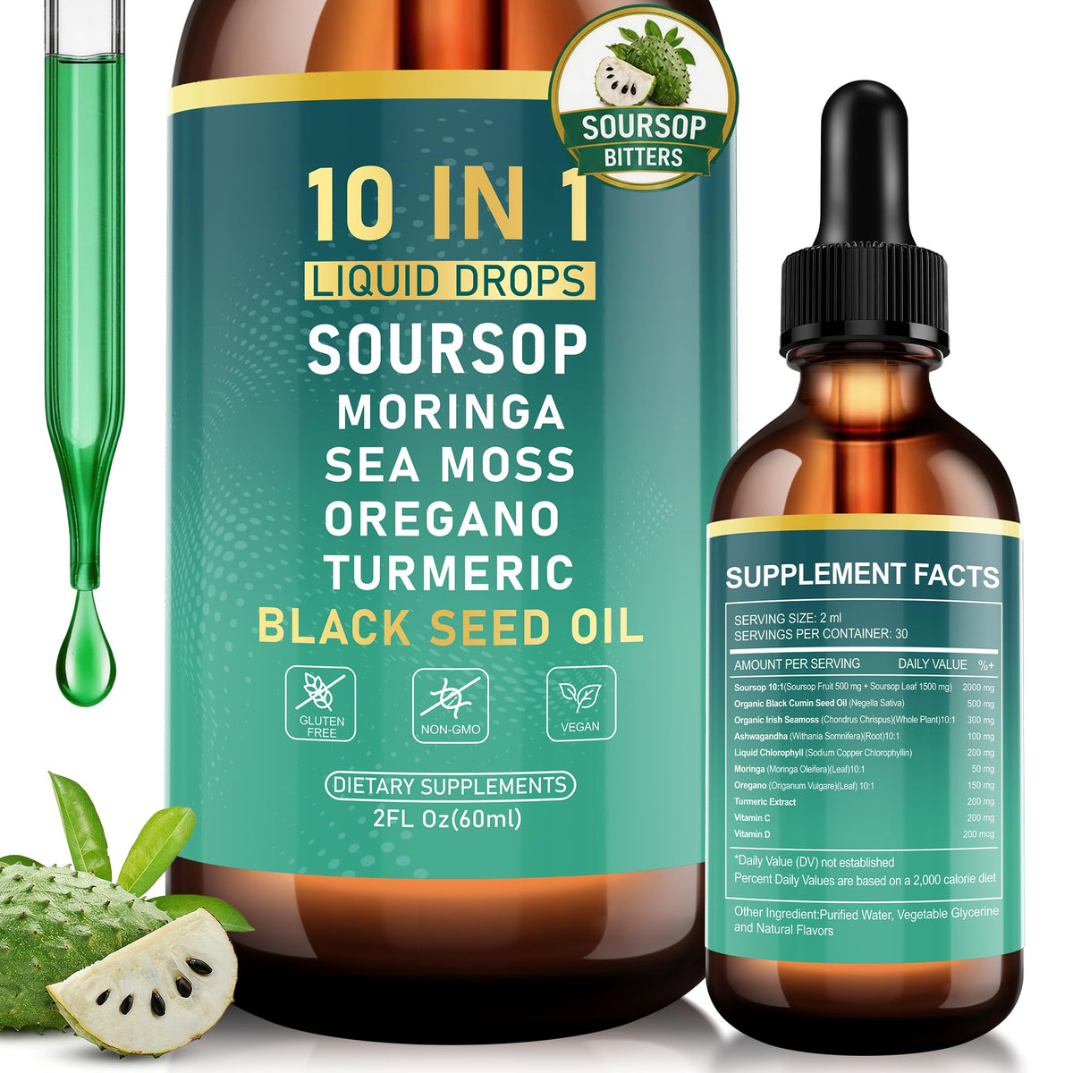 Dobeko Soursop Bitters Liquid Drops, Bitter Herbs with Soursop Extract, Ashwagandha, Sea Moss & Black Seed Oil, Formulated for Immune Wellness, Antioxidant Support & Healthy Digestion, 2 FL Oz