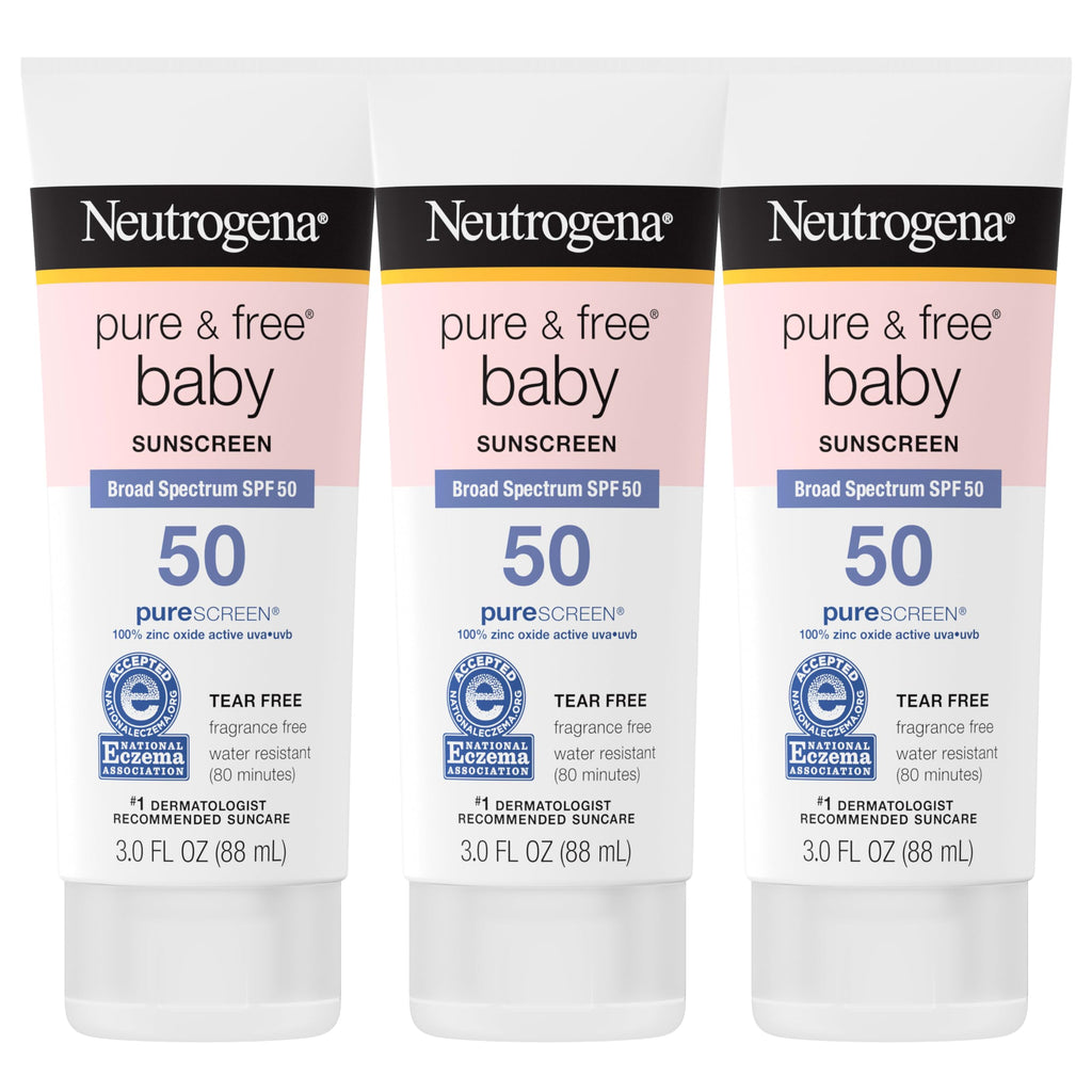 Buy now Neutrogena Pure & Free Baby Mineral Sunscreen Lotion with Broad Spectrum SPF 50 & Zinc Oxide, Water-Resistant, Hypoallergenic & Tear-Free Baby Sunscreen, 3 fl. oz, 3 pk at indiglob india