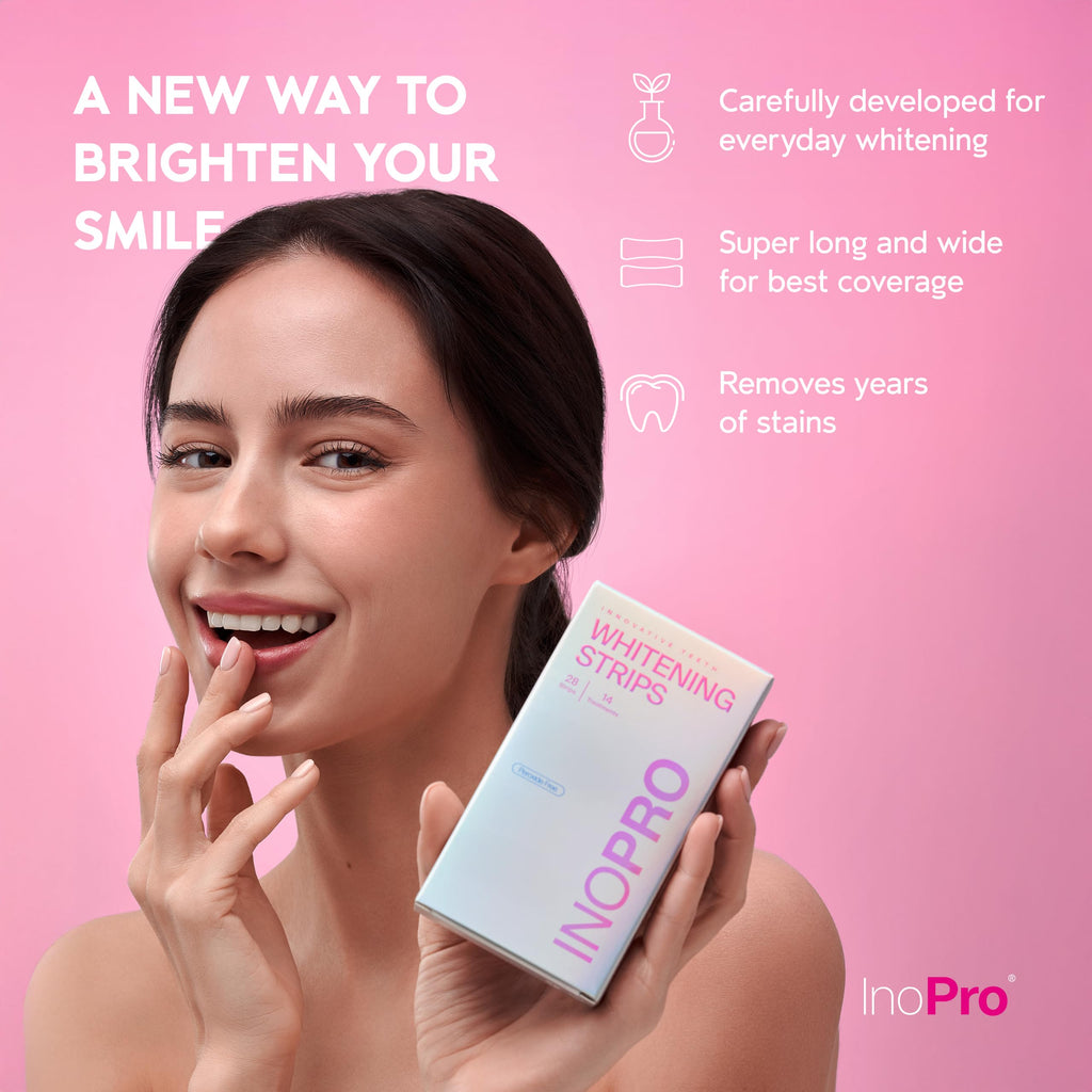 Buy now InoPro Teeth Whitening Strips 14 Treatments Kit - Enamel Safe Teeth Whitener, Peroxide-Free, Green White Strips for Teeth Whitening with Arbutin, Coconut Oil, Deep Stains Removal (28 Strips) at indiglob india