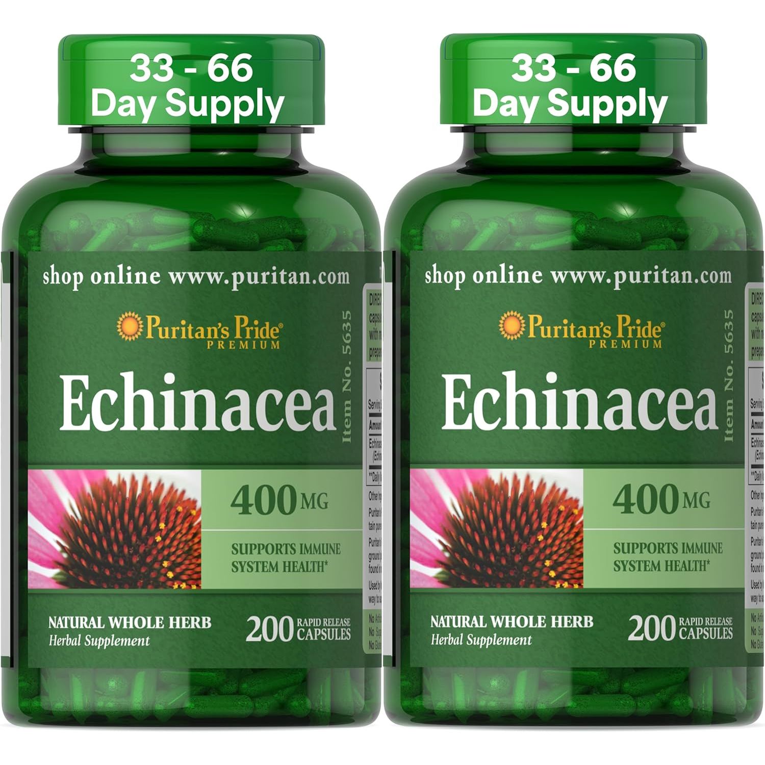 Buy now Puritan's Pride Premium Echinacea Natural Whole Herb Herbal Supplement 400mg, Dietary Supplement for Health, Immune System Support, 200 Rapid Release Capsules 400 Count (Pack of 1) 400 count, 2 pack at indiglob india