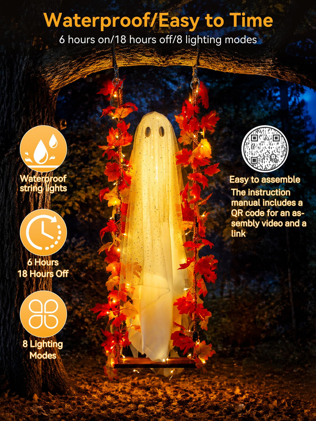 AYGXU Halloween Decorations Outdoor Indoor-5.3ft Hanging Ghost Decor with a Maple Leaf 6.6ft Swing,Ghost Light,Halloween Decor for Tree,Yard,Porch,Garden
