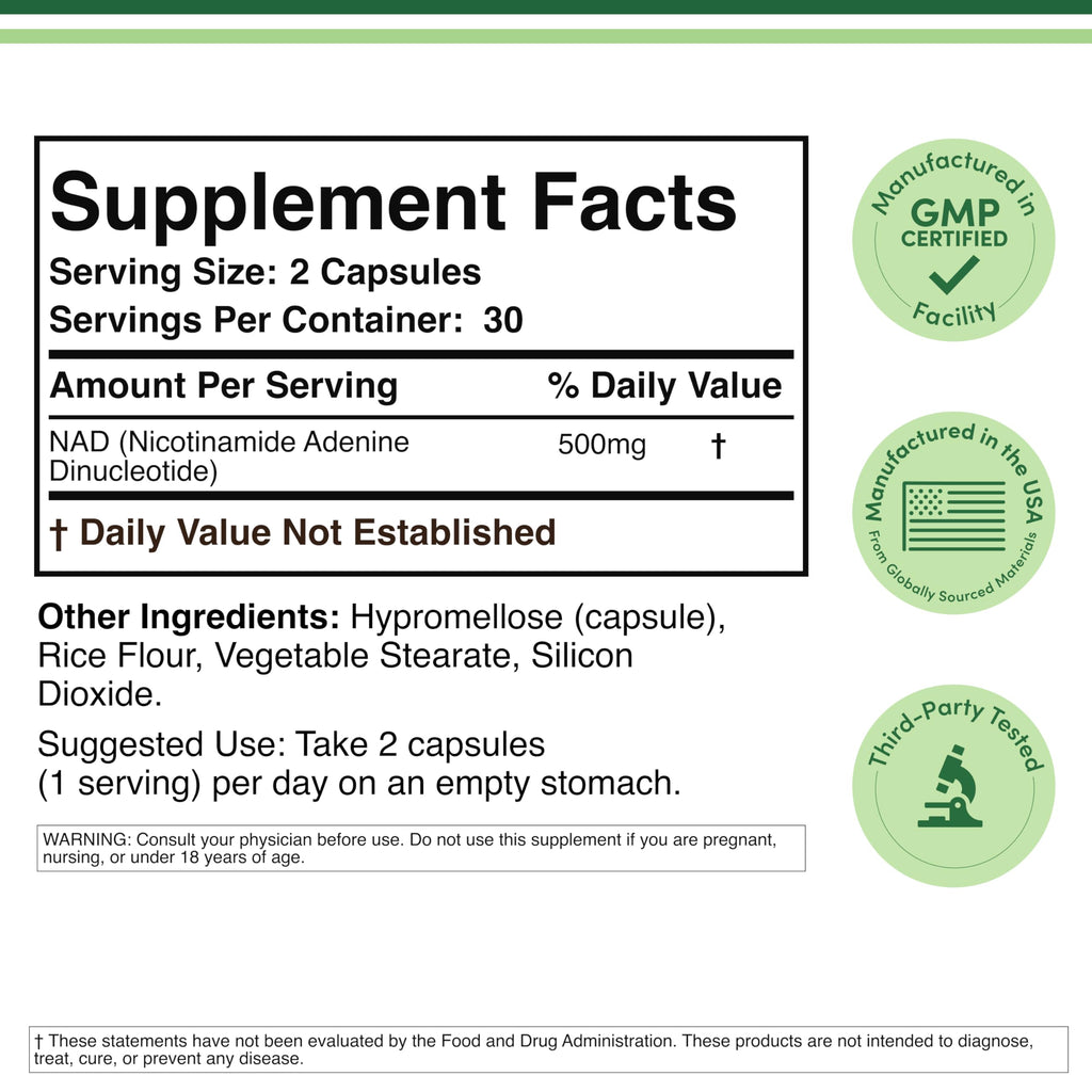 NAD+ 500mg, Energy + Healthy Aging, 95% Pure Single-Ingredient, 60 Capsules | Clean Daily Energy, Supports Anti Aging + Cell Regeneration, Real Single-Ingredient NAD+, Vegan + Non-GMO, 30-Day Supply