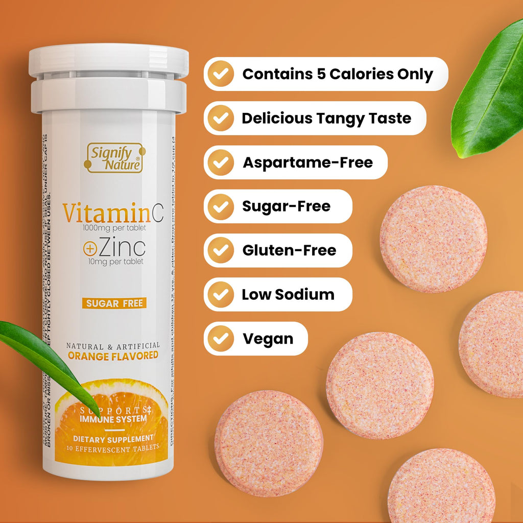 SIGNIFY NATURE Vitamin C 1000mg Effervescent Tablets with Zinc, 20CT | Potent Immune Support with Zinc, Sugar-Free & Vegan, Dissolvable Fizzy Tablet, Water Soluble, Easy Daily Vitamin C Boost