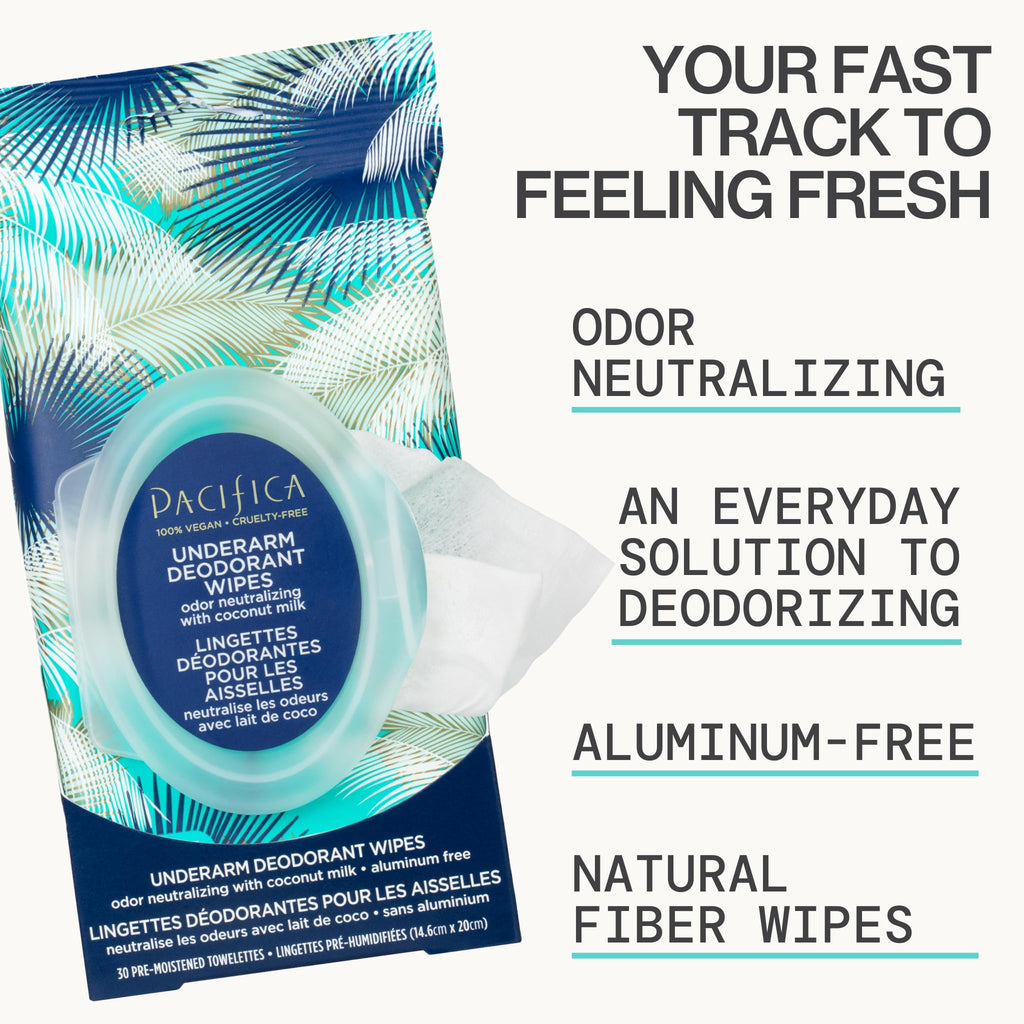 Pacifica Beauty Coconut Milk & Essential Oils Underarm Deodorant Wipes, Helps Remove Odor, Aluminum-Free, Vegan & Cruelty-Free, 30 Wipes (4-Pack)