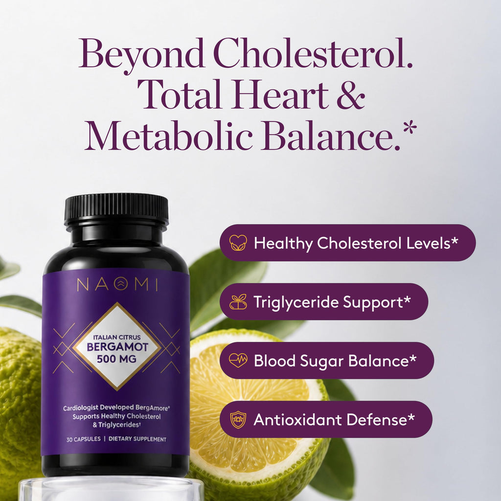NAOMI Italian Citrus Bergamot 500mg - Supports Healthy Cholesterol & Triglyceride Levels Already in Normal Range - Patented BergAmore® Extract, 7 Key Polyphenols, 1-Capsule Daily, 30-Day Supply