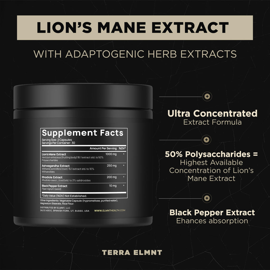 16x Strength Lions Mane Supplement Capsules Super Nootropic w. Ashwagandha & Rhodiola - Highest Potency 16:1 Lion's Mane Mushroom Extract 50% Polysaccharides Brain Supplements for Memory and Focus