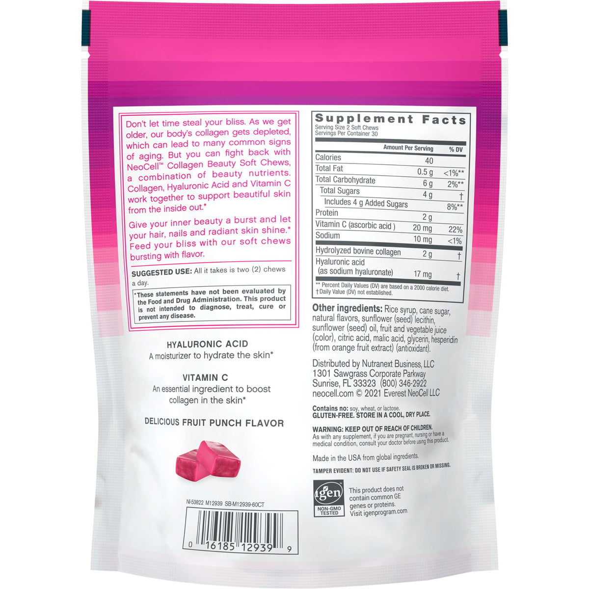 NeoCell Collagen Peptides Soft Chews | 60 Chewables | Beauty Bursts Supplement | with Hyaluronic Acid | Hair, Skin, & Nails | Fruit Punch Flavor