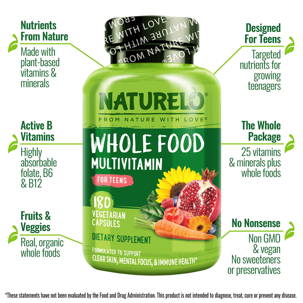 NATURELO Multivitamins for Teenage Girls/Boys, 180 Capsules | Whole Food Multivitamin with Minerals, Non-GMO, Vegetarian