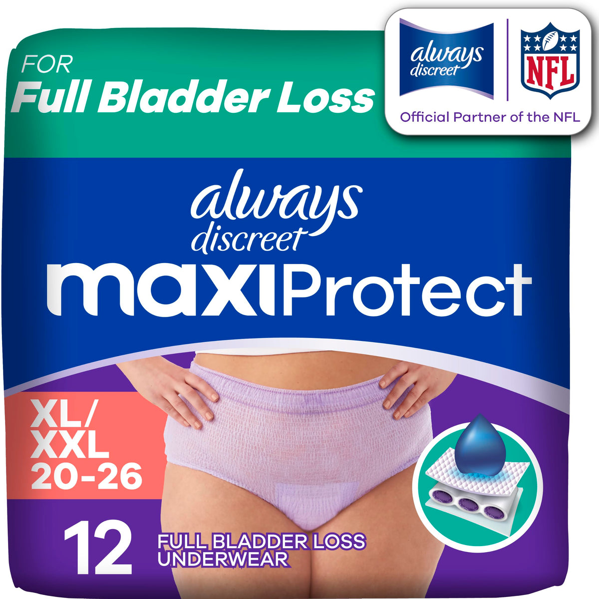 Always Discreet MaxiProtect Adult Diapers for Women, Incontinence Underwear, Scented, Postpartum Essentials, Bladder Leak Protection, Disposable Briefs, Maximum Plus Absorbency, Size XL/XXL, 12 Count