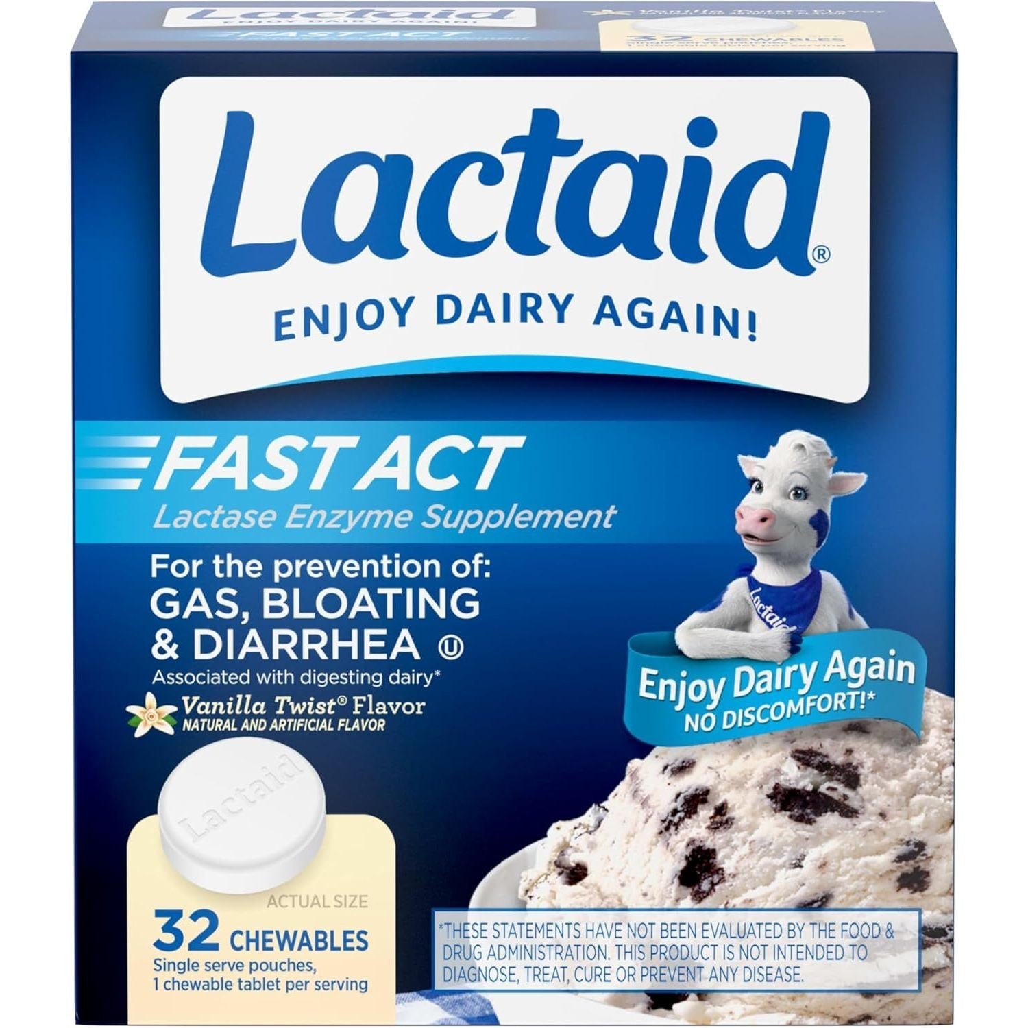 Buy now Lactaid Fast Act Lactose Intolerance Relief Chewables with Natural Lactase Enzyme (9000 FCC) to Prevent Gas, Bloating & Diarrhea Due to Lactose Sensitivity, On-The-Go, Vanilla Twist Flavor, 60 x 1 ct 32 Count (Pack of 1) at indiglob india