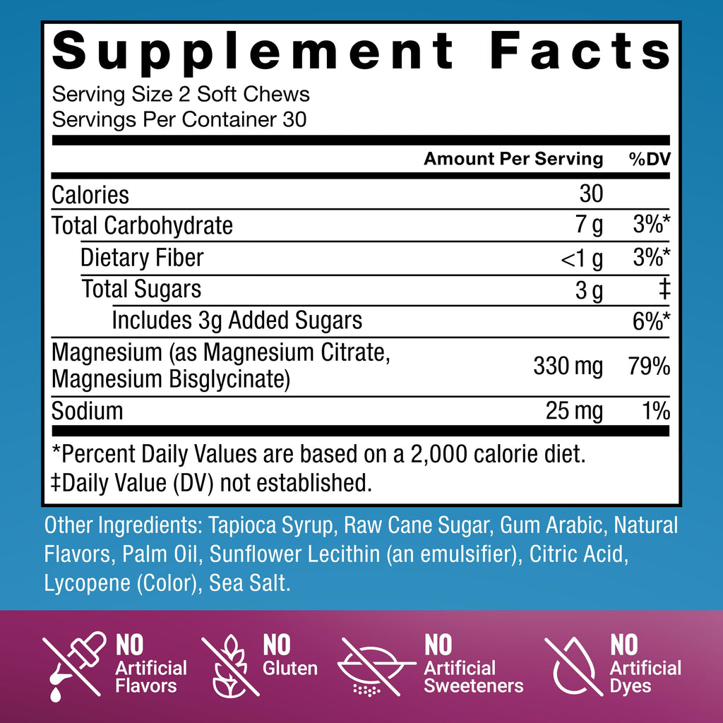 Force Factor Ultimate Magnesium Supplement with 330mg Magnesium Glycinate | Magnesium Citrate, Like Magnesium Gummies, Support Calm, Relaxation, Vegan & Gluten Free, Mixed Berry Flavor, 60 Soft Chews
