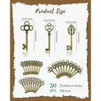 JIALEEY 3 Type of 30 PCS Vintage Large Skeleton Key Set Charms, Mixed Antique Style Bronze Brass Key Set Charms for Pendant DIY Jewelry Making Wedding Party Favors